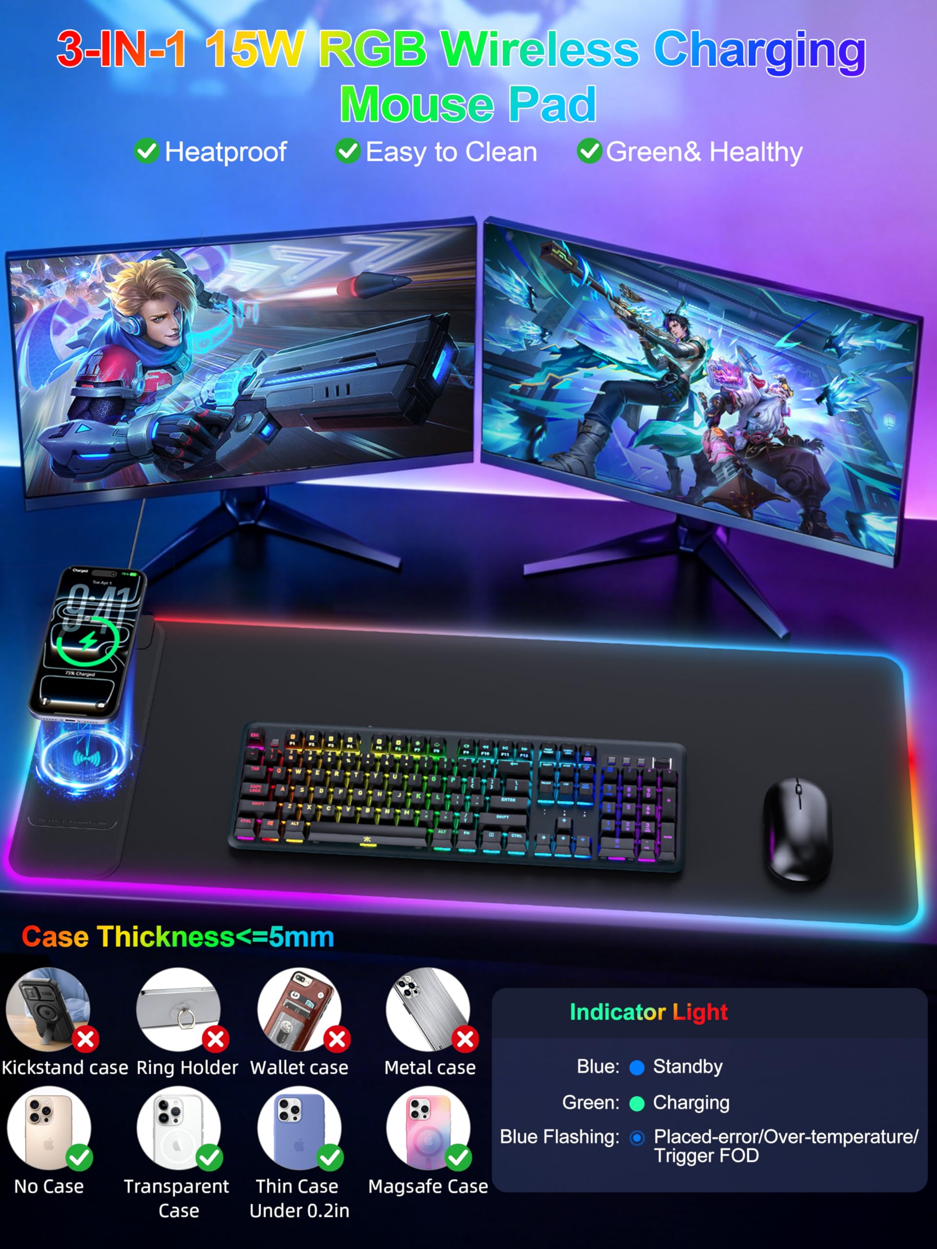 Tappetino per mouse con ricarica wireless da 15 W, tappetino per mouse da gioco RGB, tappetino da scrivania XXL da 80 x 30 cm, 16 modalità di illuminazione, tappetino per tastiera con base in gomma