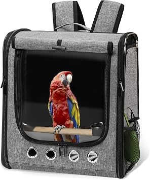 Large Bird Carrier Bag with Stand, Lightweight Backpack for Parrot, Portable Cockatiel Travel Cage with Accessories, Pet Transparent Breathable Carrier, Gray