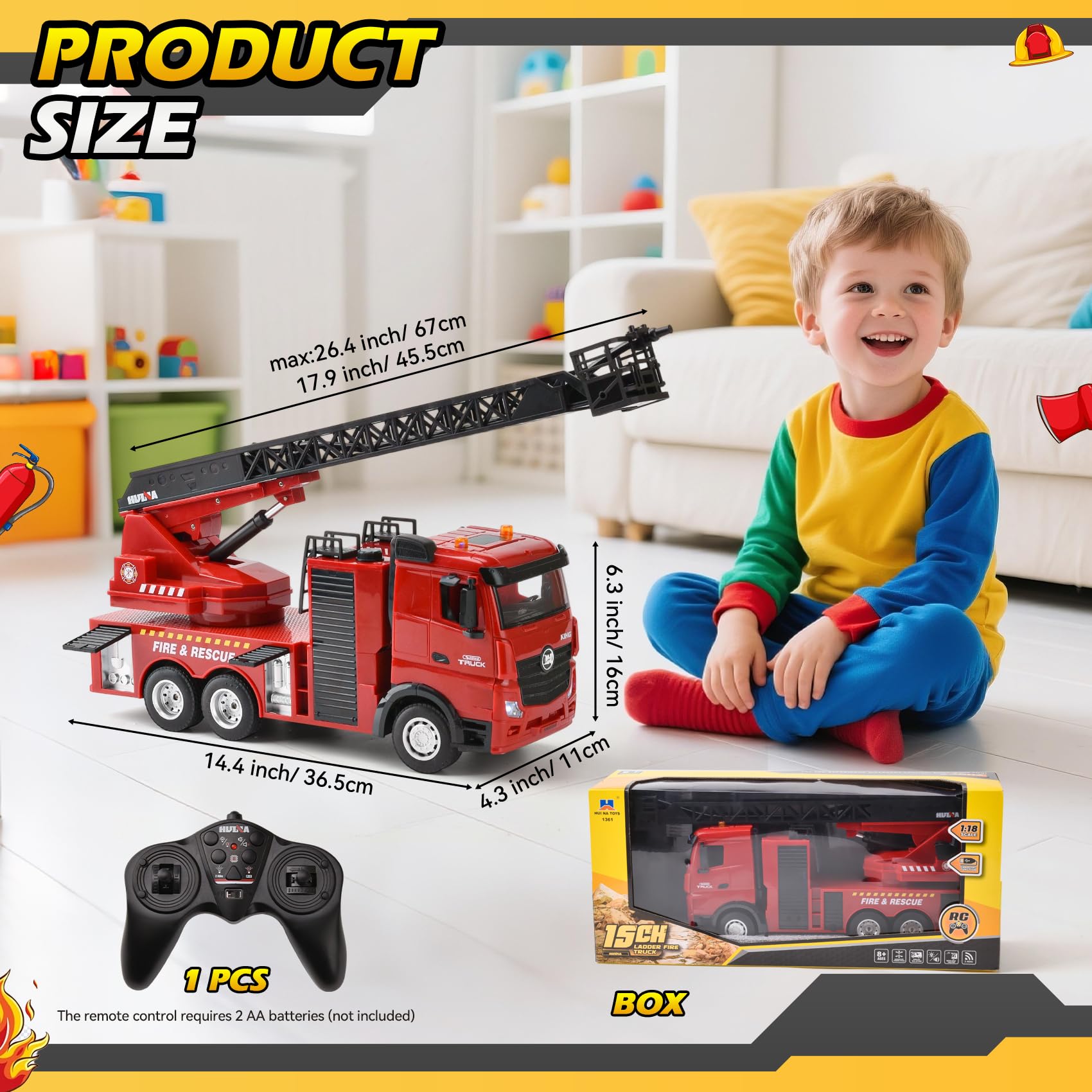 Großes Feuerwehrauto RC 1:18 | 2,4G Feuerwehr Ferngesteuert mit 270° Drehleiter & Spritzfunktion | 7,4V Wiederaufladbar, Licht & Sound | Feuerwehrauto-Spielzeug für Kinder ab 3-12 Jahren