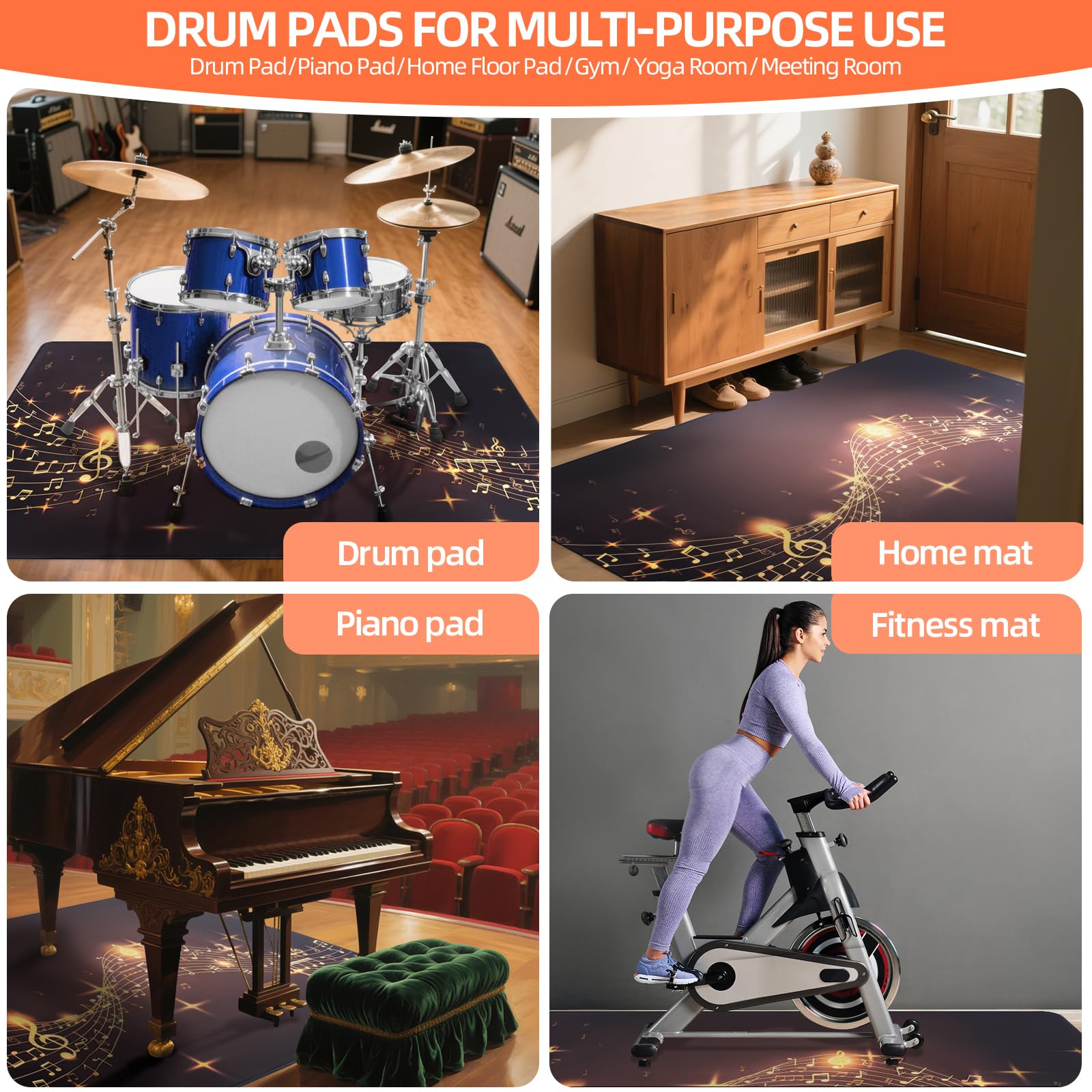 OUUTMEE Tappeto per batteria Drum Tappeto con motivo simboli musicali 182x122cm