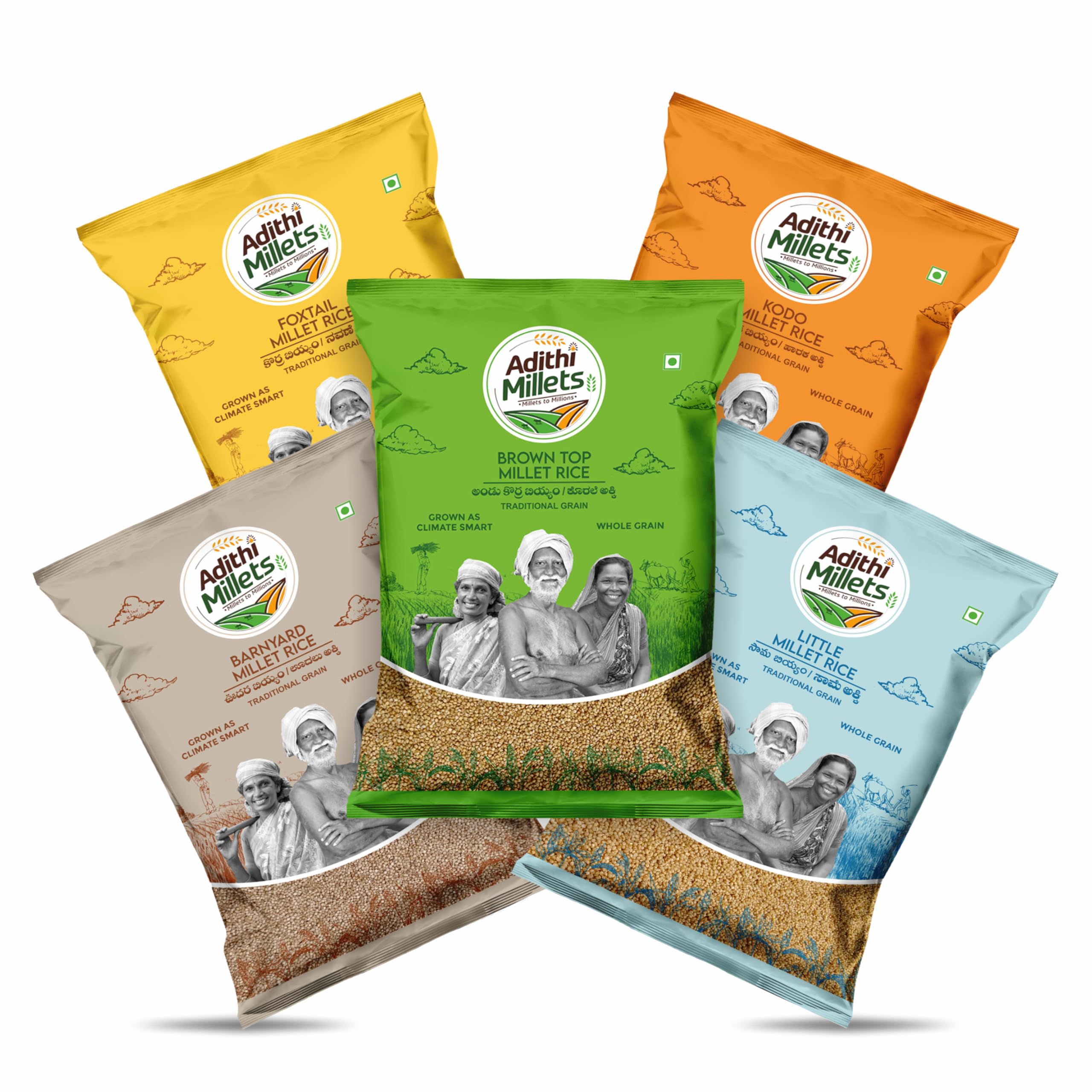 ADITHI Low Carb Millets Combo (2.5Kg) - Gluten-Free Dr Khadar Choice - Cooks Like Rice, Blood Sugar Friendly, High Protein & Fiber - Foxtail Kodo Little Brown Top Barnyard Millet Rice