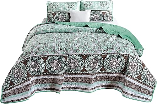 Miniatura 4 de Chezmoi Collection Bodhi - Juego de colcha con estampado de medallones florales de 3 piezas, juego de edredón colorido de microfibra bohemio, tamaño