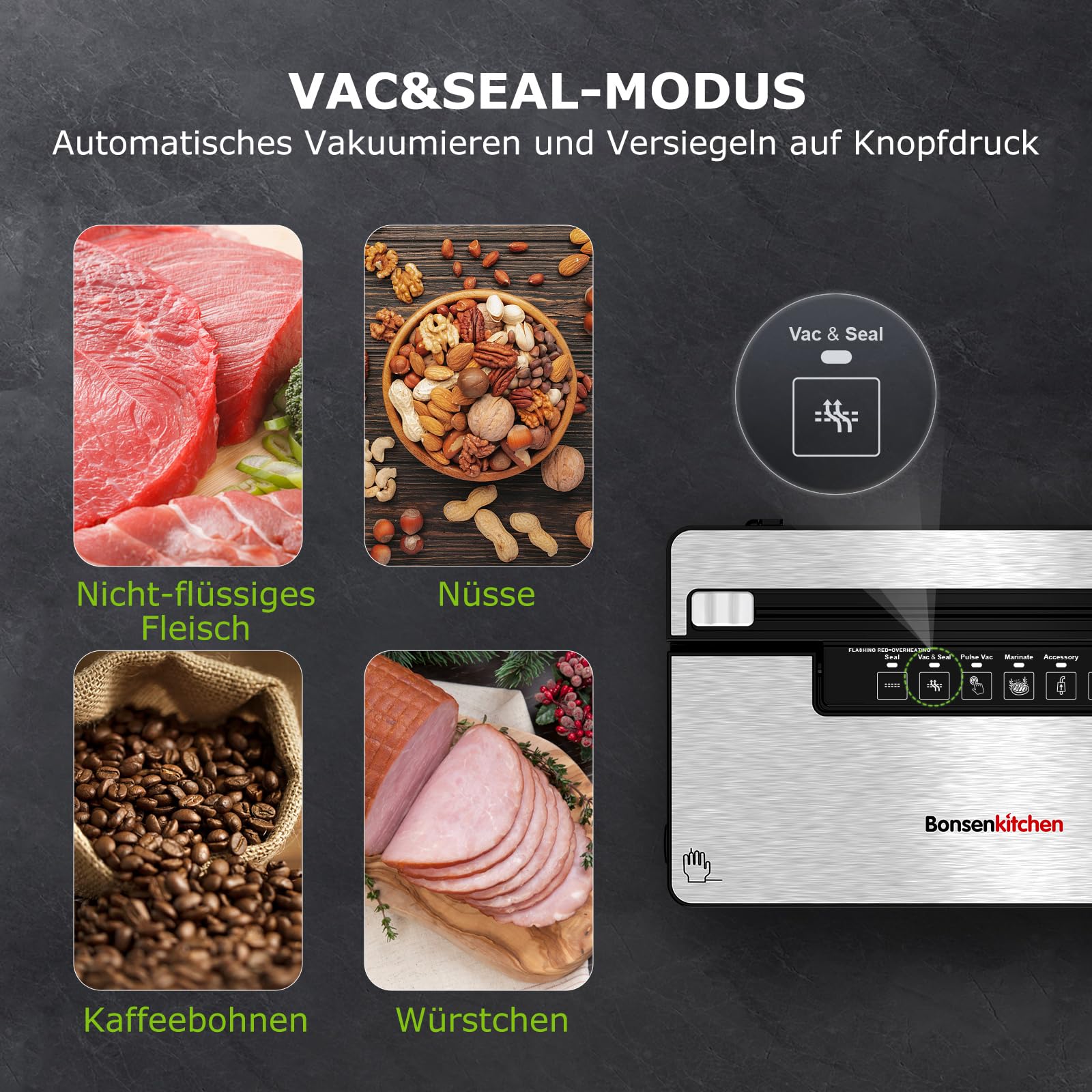 Bonsenkitchen Vakuumierer Stark Vakuumiergerät 5 Modi 8 L/Min Globefish-Technologie Kontinuierliches Arbeiten Hohe Geschwindigkeit 5 Vakuumbeutel 1 Rollbeutel