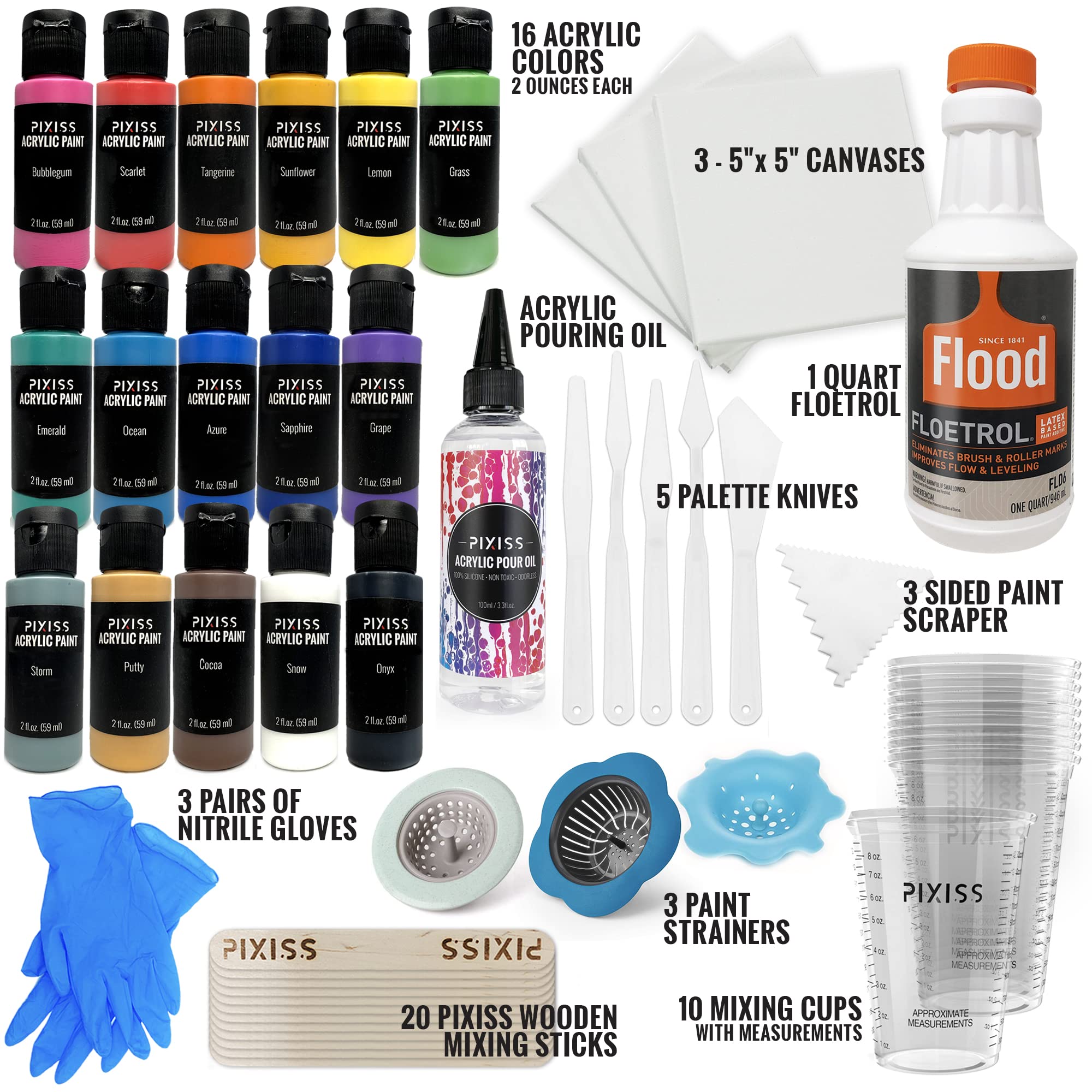 Pixiss 16 Colors Acrylic Pour Paint Kit, Premixed High Flow Pouring
