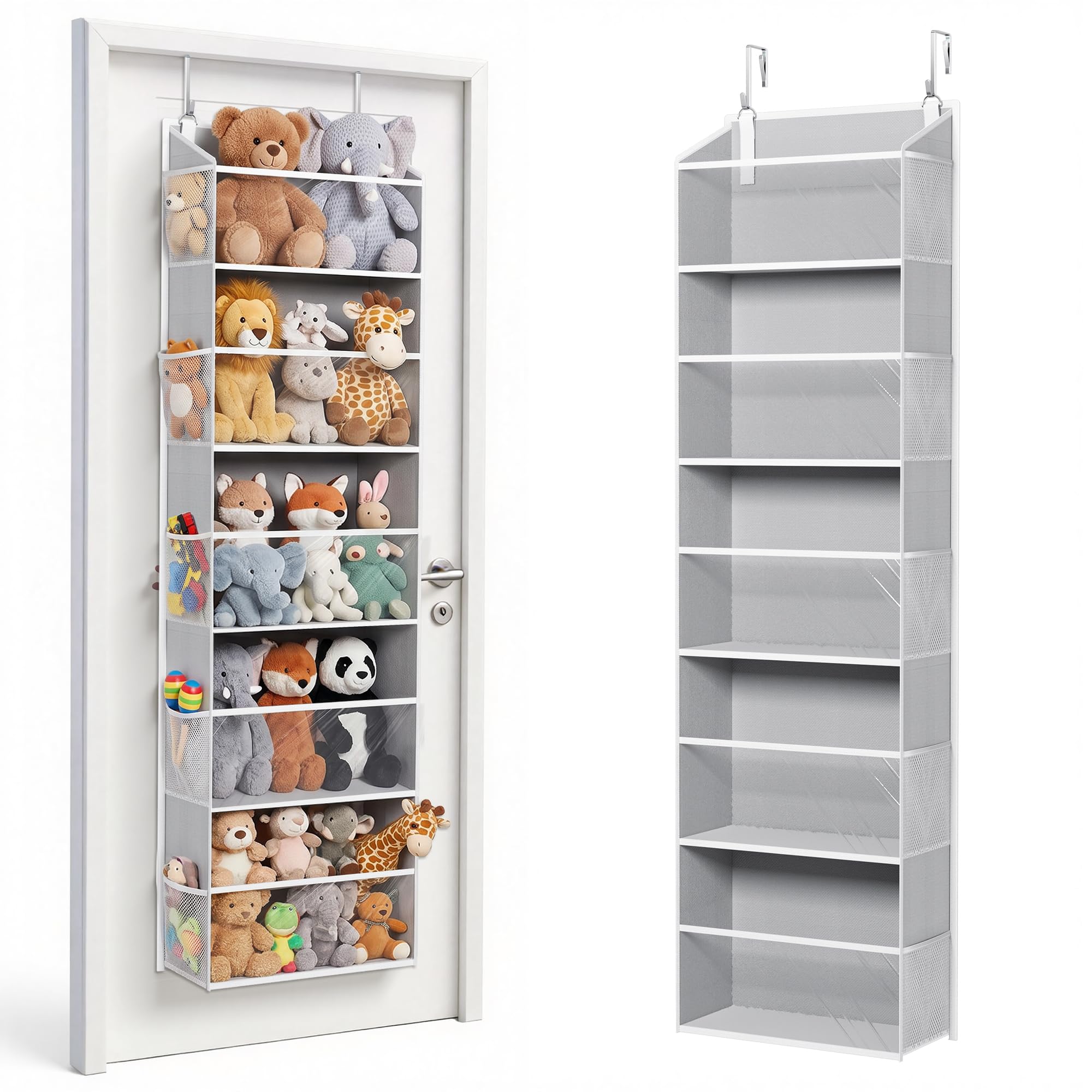 ULG Stuffed Animal Organizer Over the Door, Large Hanging Plush Toy Storage with Mesh Window, Cotton Kids Toy Organizer for Bedroom, Nursery, Playroom &amp; Baby Items Clear Grey