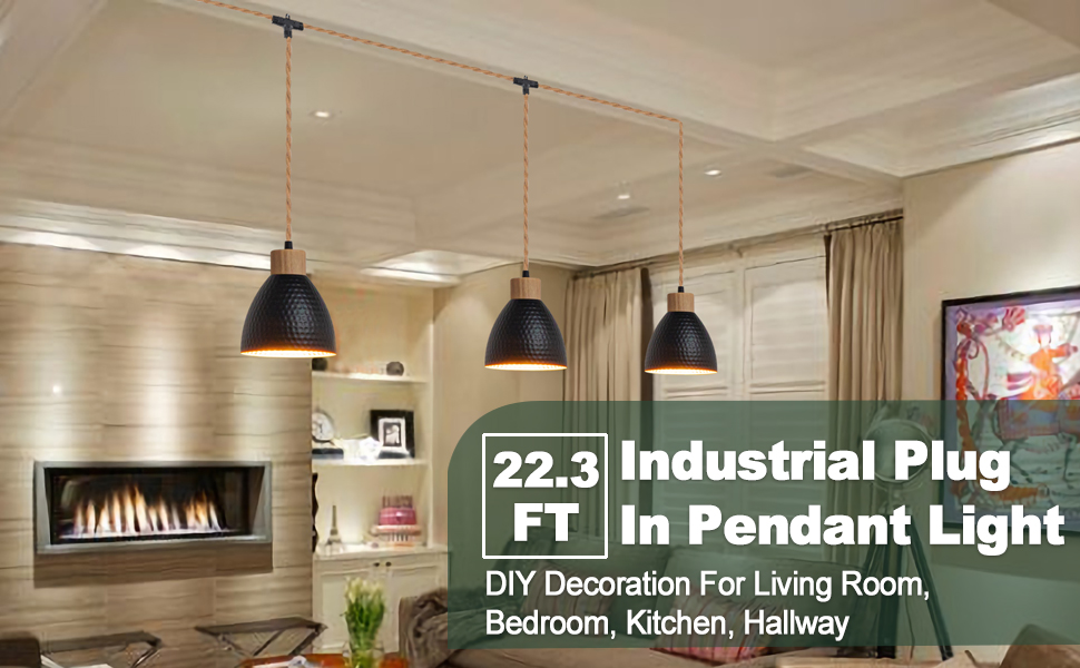 ALAISLYC 3-Light Plug in Pendant Light 22FT Industrial Hanging