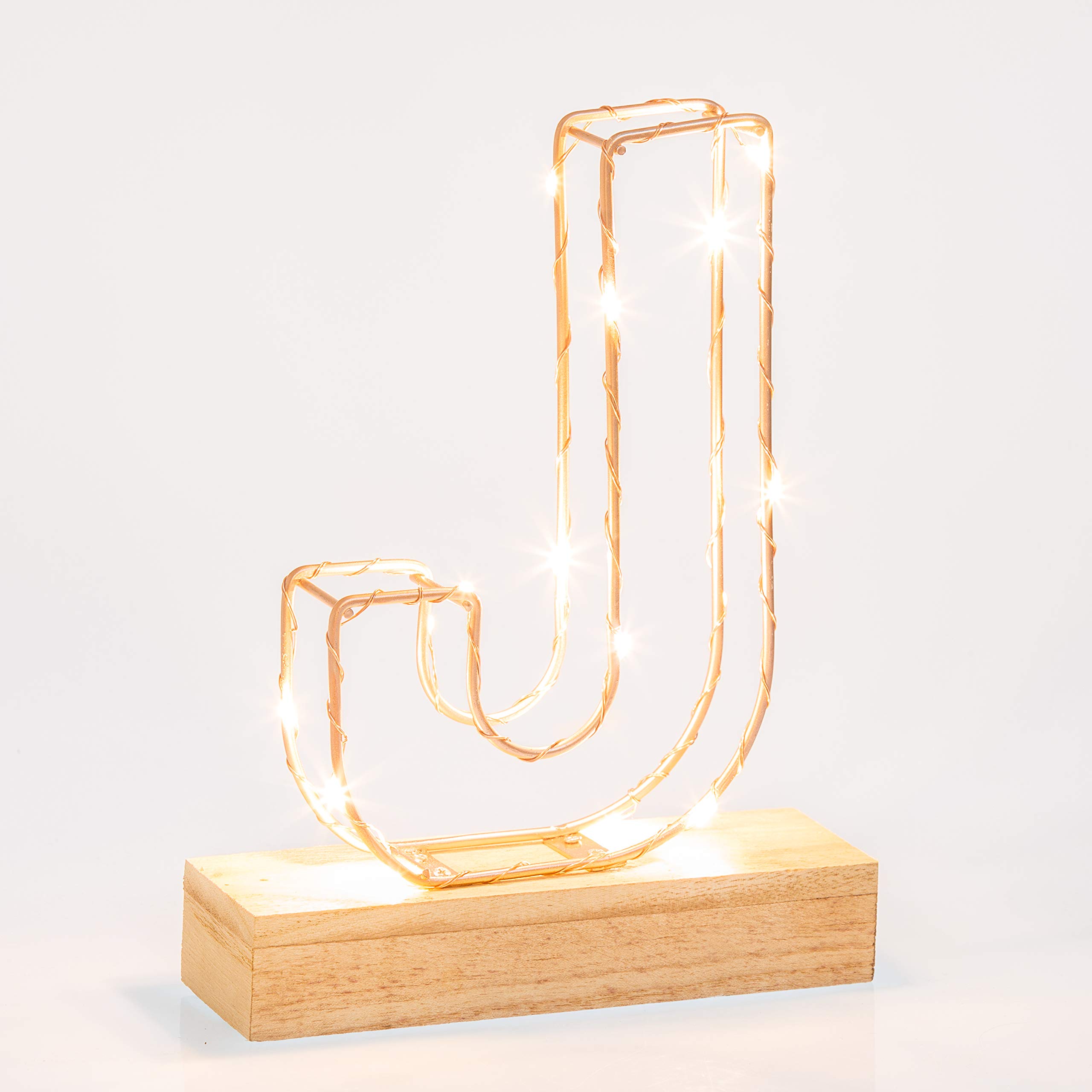 Light Up Letter Light - J - Rose Gold Metal Wire Frame - LED - 22cm High - Freestanding