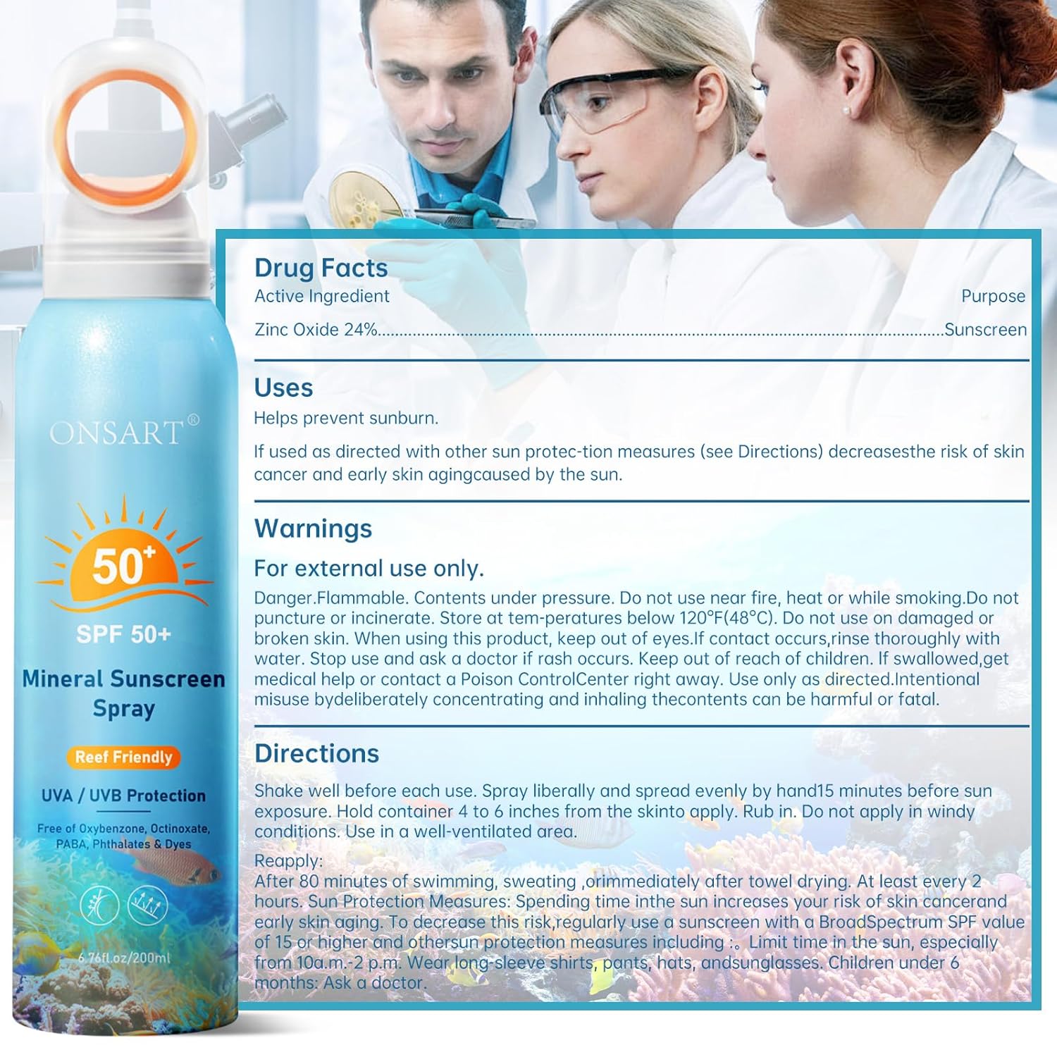 Reef Safe Mineral Sunscreen Spray SPF 50+ with Zinc Oxide, Broad Spectrum UVA/UVB P... - Image 7
