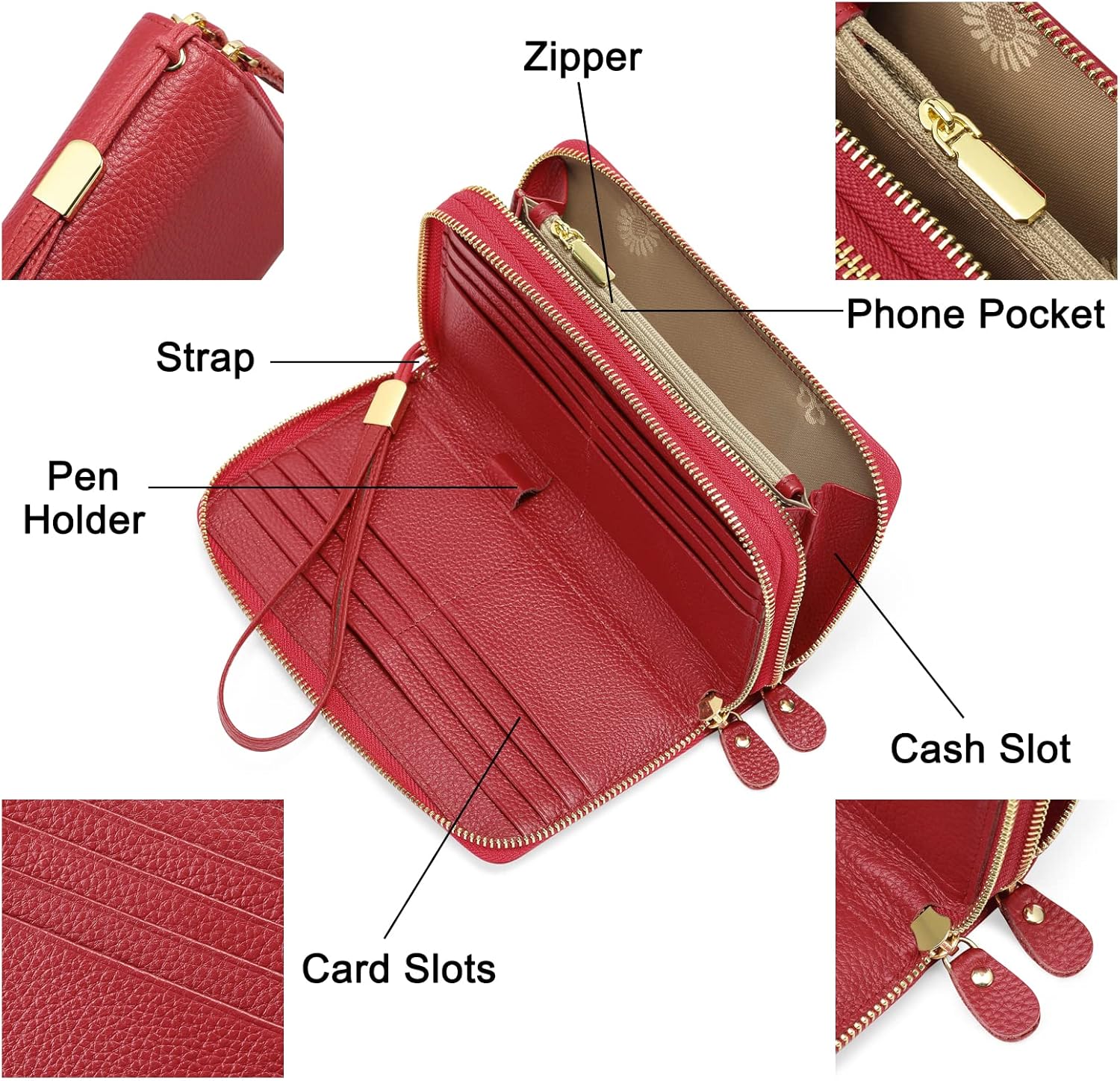 SENDEFN Leather Women Wallet RFID Blocking Zipper Around Phone Holder Clutch Wristlet Large Capacity - Image 3