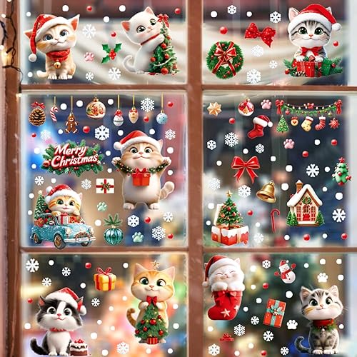 Miniatura 6 de Calcomanías de gato para ventana de Navidad, 9 hojas de decoración de Navidad, campanas de árbol de gato, calcomanías para fiestas de vacaciones