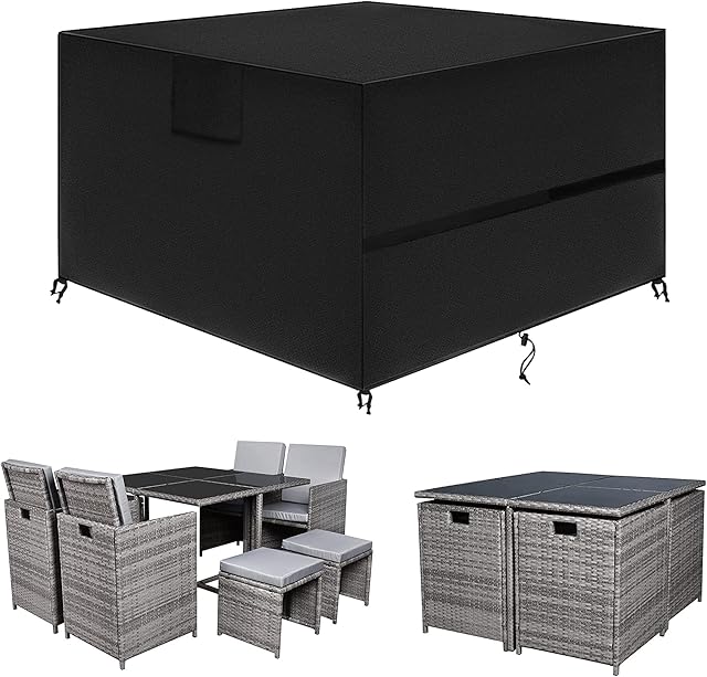 SIRUITON Cube Garden Furniture Cover, Rattan Cube Set Cover Waterproof, Heavy Duty 420D Oxford Fabric Patio Garden Table Cover with Air Vent, Square Black 135x135x74cm