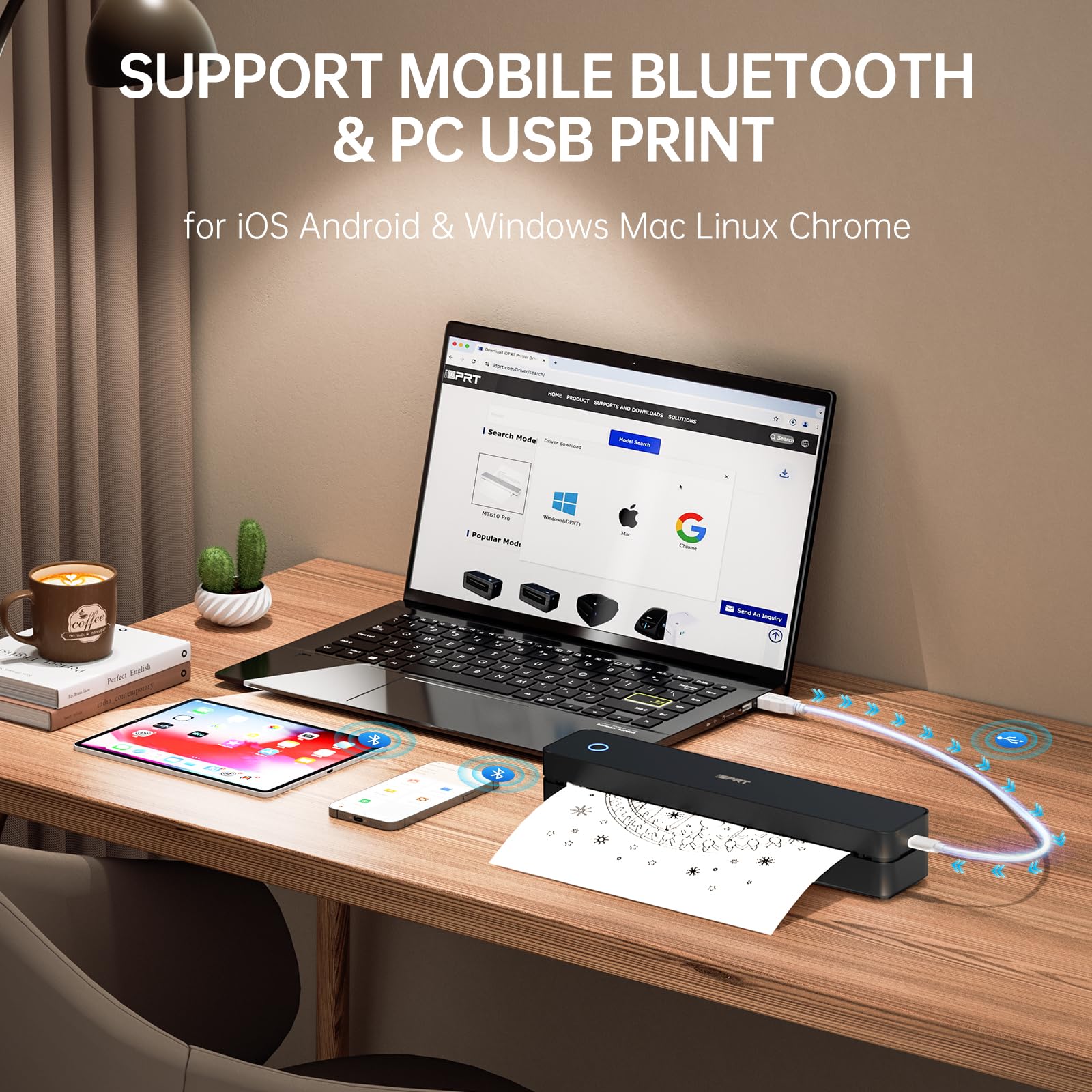 iDPRT Tragbare Drucker Wireless für Reisen,MT610 Mini Thermodrucker A4,Bluetooth Drucker für Reisen,Zuhause,Studium,Wireless Drucker für den Heimgebrauch Kompatibel mit iOS,Android und PC,Schwarz