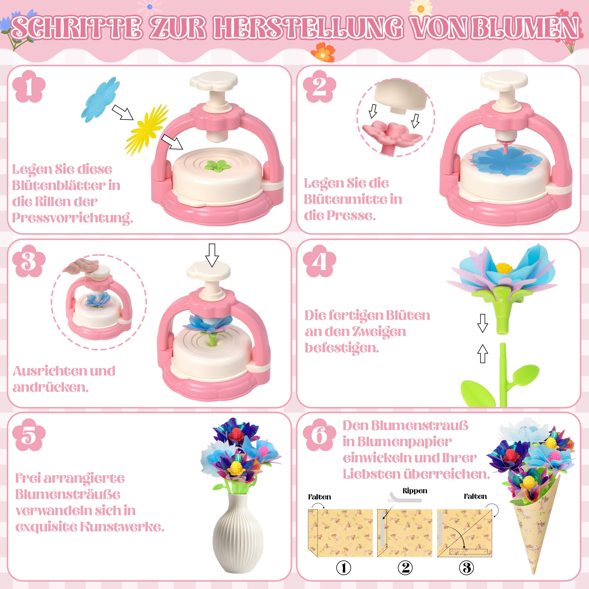 269 Stück Blumenpresse Bastelset mit Blumenmaschine Blumenkunstpapier, Kreatives DIY Schöne Stoffblumensträuße Blumen Spielzeug Kunsthandwerk für Mädchen Jungen Aktivitäten Geburtstagsgeschenk, Rosa