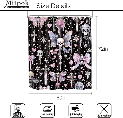 Miniatura 5 de Cortina de ducha con diseño de calavera negra y morado, de 60 pulgadas de ancho x 72 pulgadas de alto, esqueleto gótico gótico, polilla cruzada,