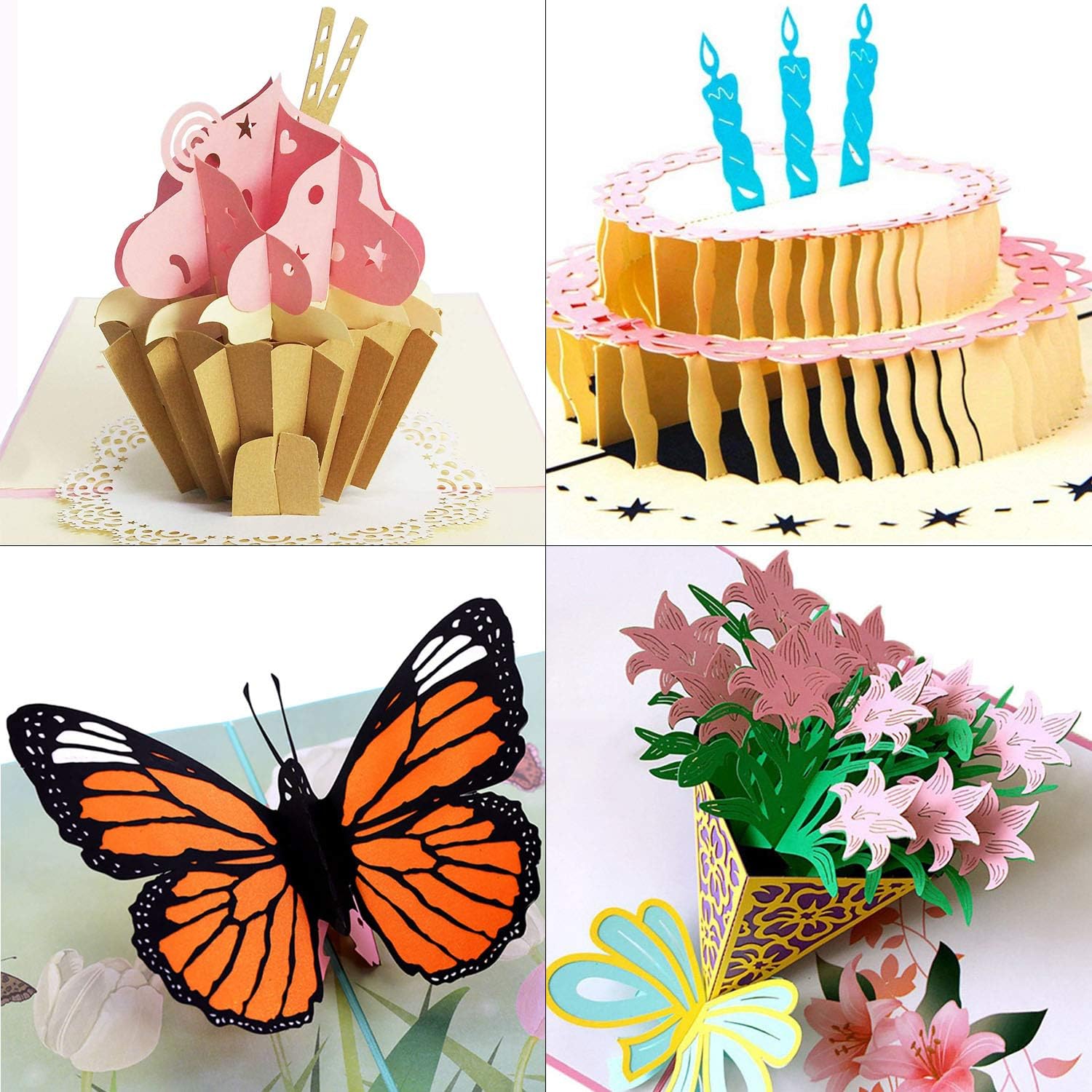 3D Pop Up Greeting Cards For Birthdays, Thank You, All Occasions/Packaged with Envelope Protective Bag (4 Pack: Butterfly, Lily Bouquet, Cupcake, Birthday Cake)