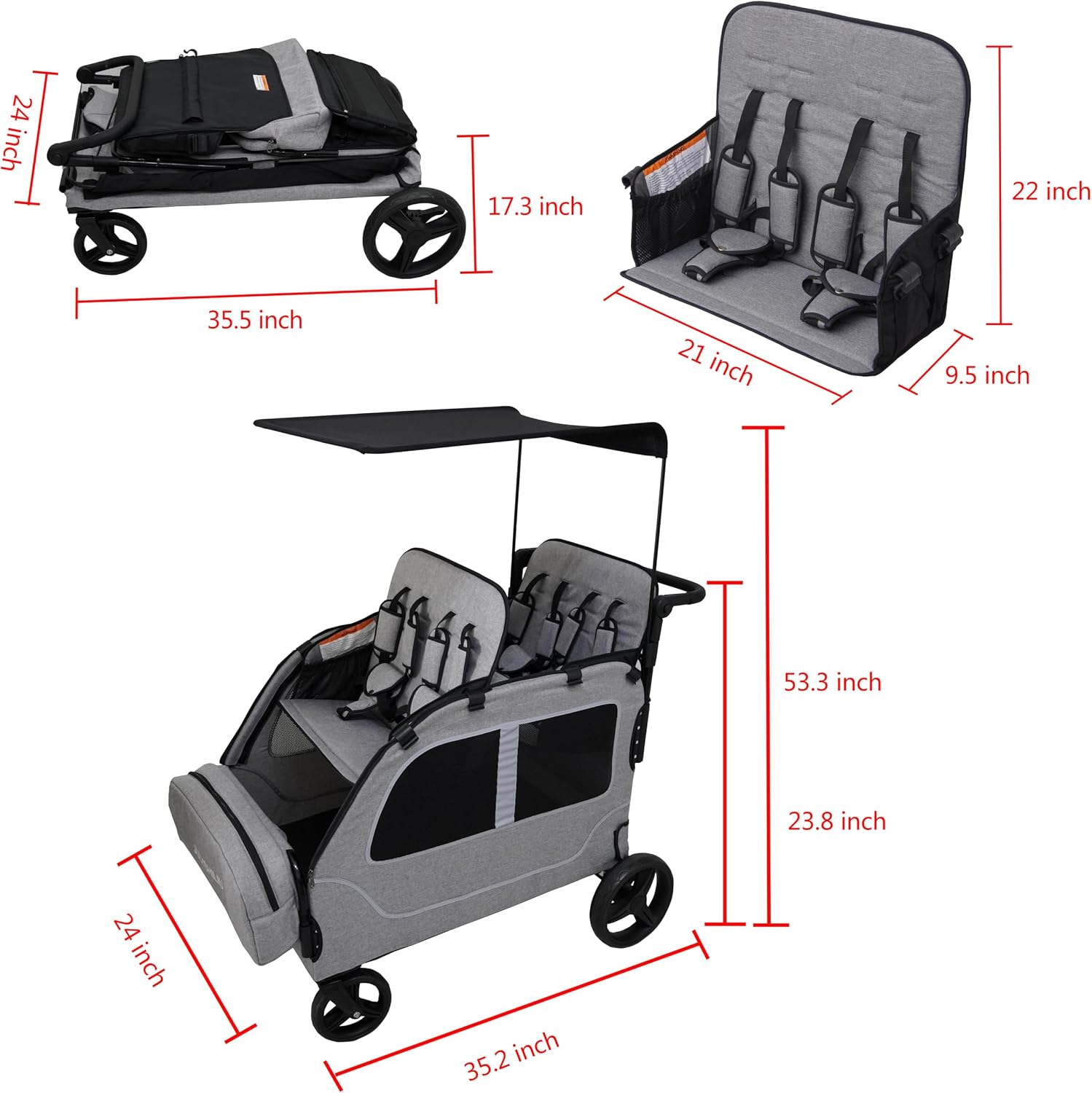 4 Seater Wagon Stroller, Large Quad Wagon for Kids 2 3 4 Baby Toddlers Child with Double Seat, Travel All Terrain Triple Stroller, Adjustable Push Pull Handle, Removable Canopy, Green