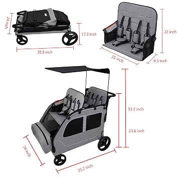 4 Seater Wagon Stroller, Triple Stroller for 2 3 Kids Toddler | Child Baby Large Quad Double Seat Travel Preschool All Terrain Adjustable Handle Removable Canopy Push Pull