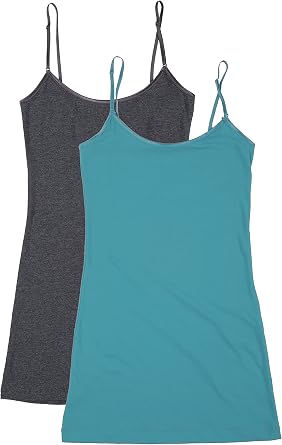 Bozzolo RT1002 PK Ladies Adjustable Spaghetti Strap Long Tank Top 2Pack - H.Charcoal/Teal S