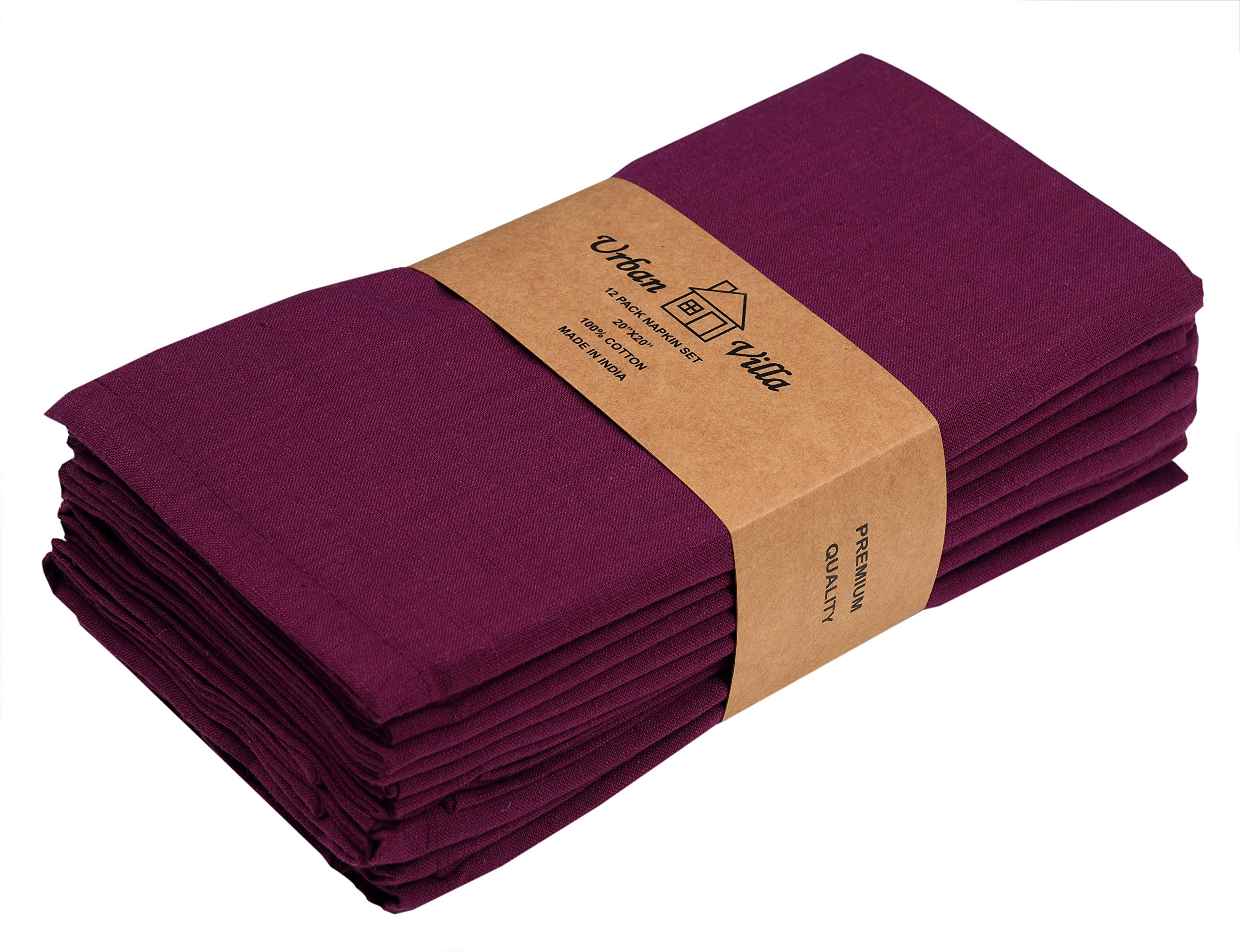 Urban Villa Solid Slub Purple Color,Dinner Napkins, Everyday Use, Premium Quality,100% Cotton Slub, Set of 12, Size 51X51 CMS,Over Sized Cloth Napkins with Mitered Corners, Durable Hotel Quality