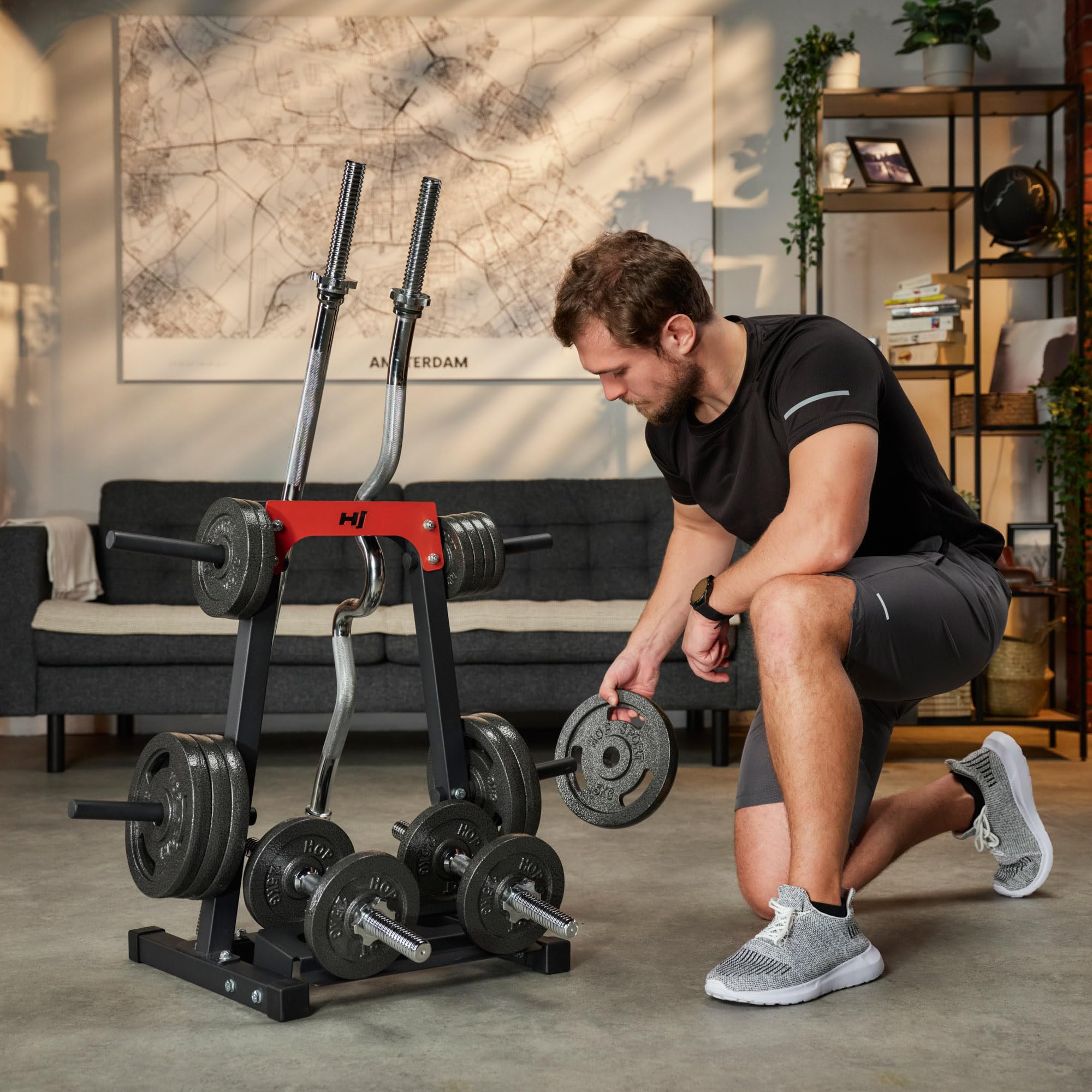 HOP-SPORT Langhantelständer - Hantelscheiben-Ständer Hantelständer für Kurzhanteln Ablage für Gewichte und Hantelstangen bis 200kg