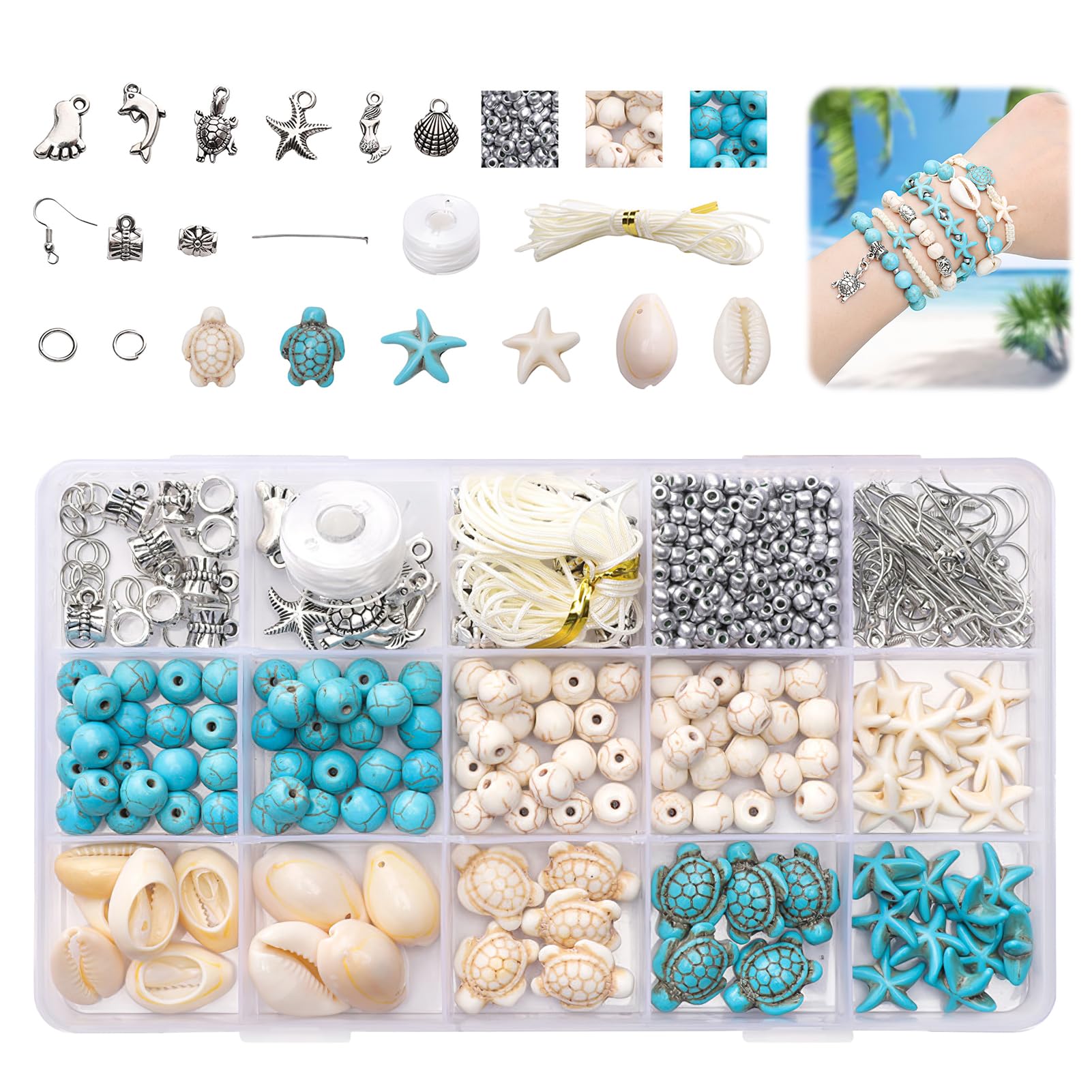 Perline per Braccialetti 715PCS Kit Fai da Te, Ciondoli Tartaruga Marina Conchiglie Stelle Marine Portafortuna