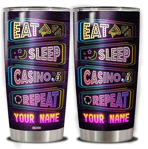 Vaso temático de casino personalizado con nombre personalizado, taza de viaje con tapa, taza de café aislada de 20 onzas, 30 onzas, refranes de