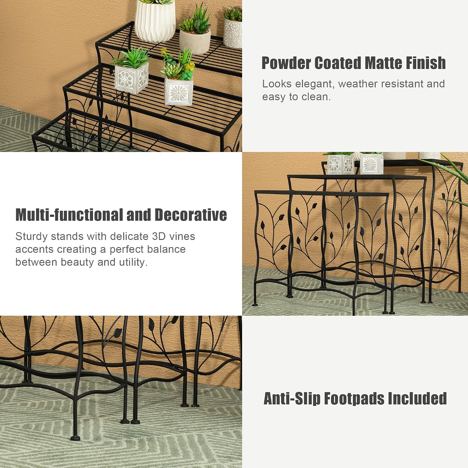 Glitzhome Set of 3 Metal Freestanding Plant Stands, Decorative Storage Shelf Plant Rack Flower Organizer Pot Holder for Indoor Outdoor, Black