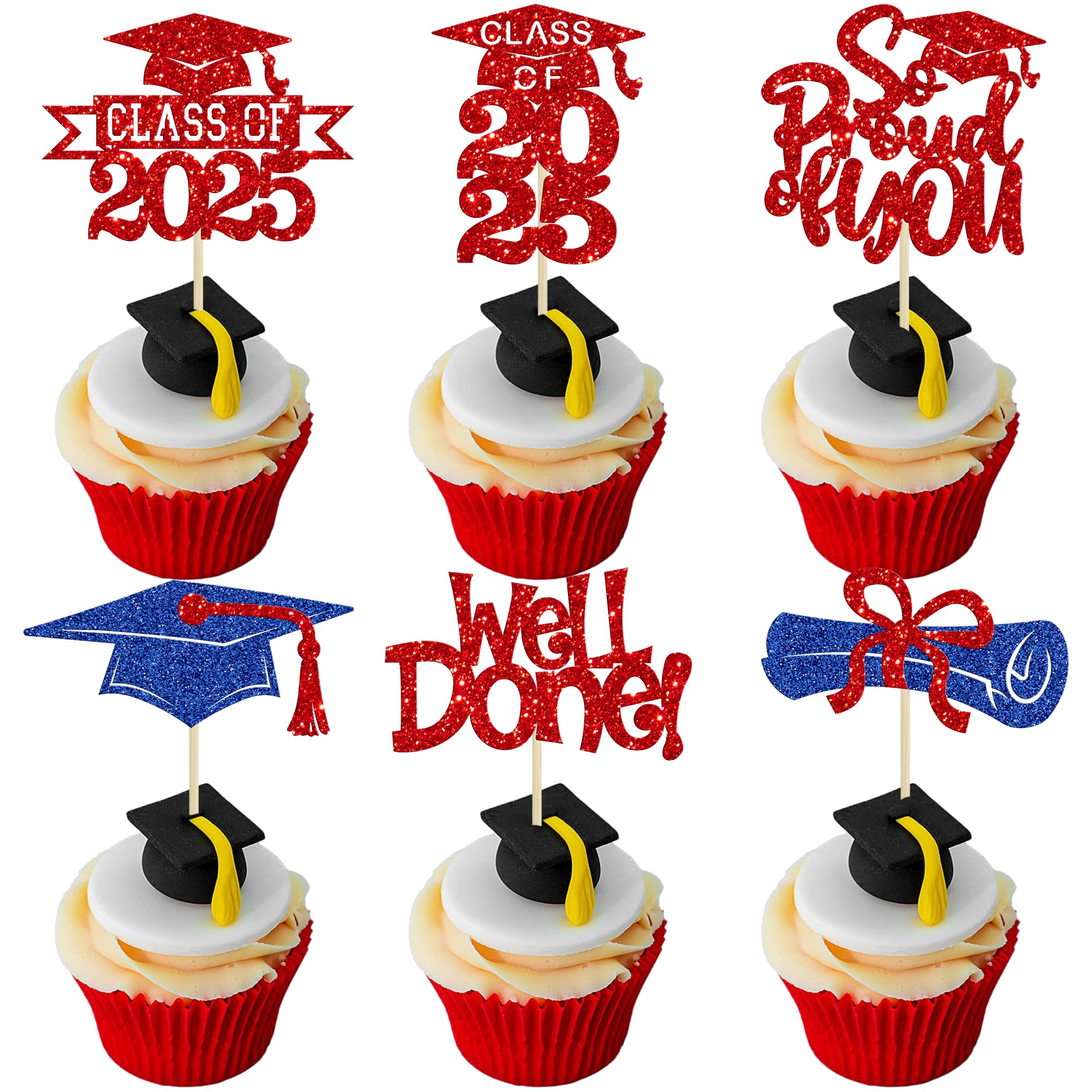 Gyufise 24Pcs Congrats Grad 2026 Cupcake Toppers Glitter 2026 Graduation Done Diploma Cupcake Picks Class of 2026 Cupcake Decorations for 2026 Graduation Theme Party Supplies Red Blue