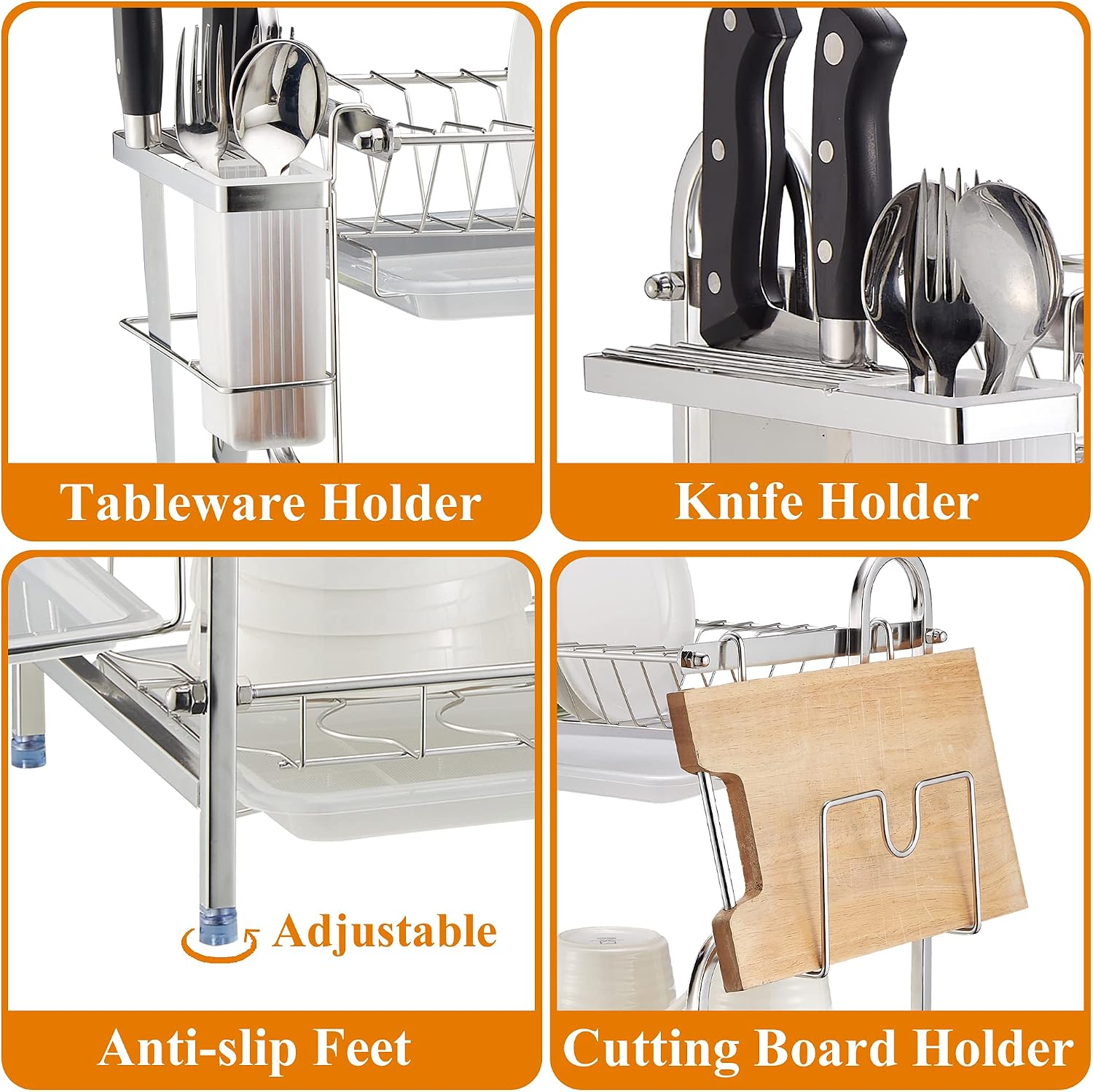 DECLUTTR Dish Drying Rack, 304 Stainless Steel 2 Tier Dish Rack and Drainboard Set for Kitchen Counter