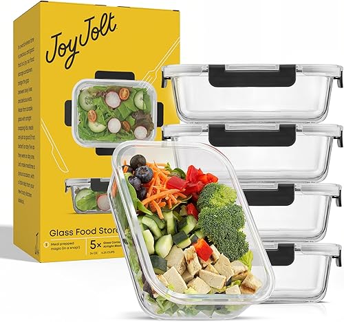 Miniatura 9 de JoyJolt Recipientes de vidrio para almacenamiento de alimentos con tapas. Paquete de 5 recipientes de vidrio reutilizables de 35 onzas con un solo