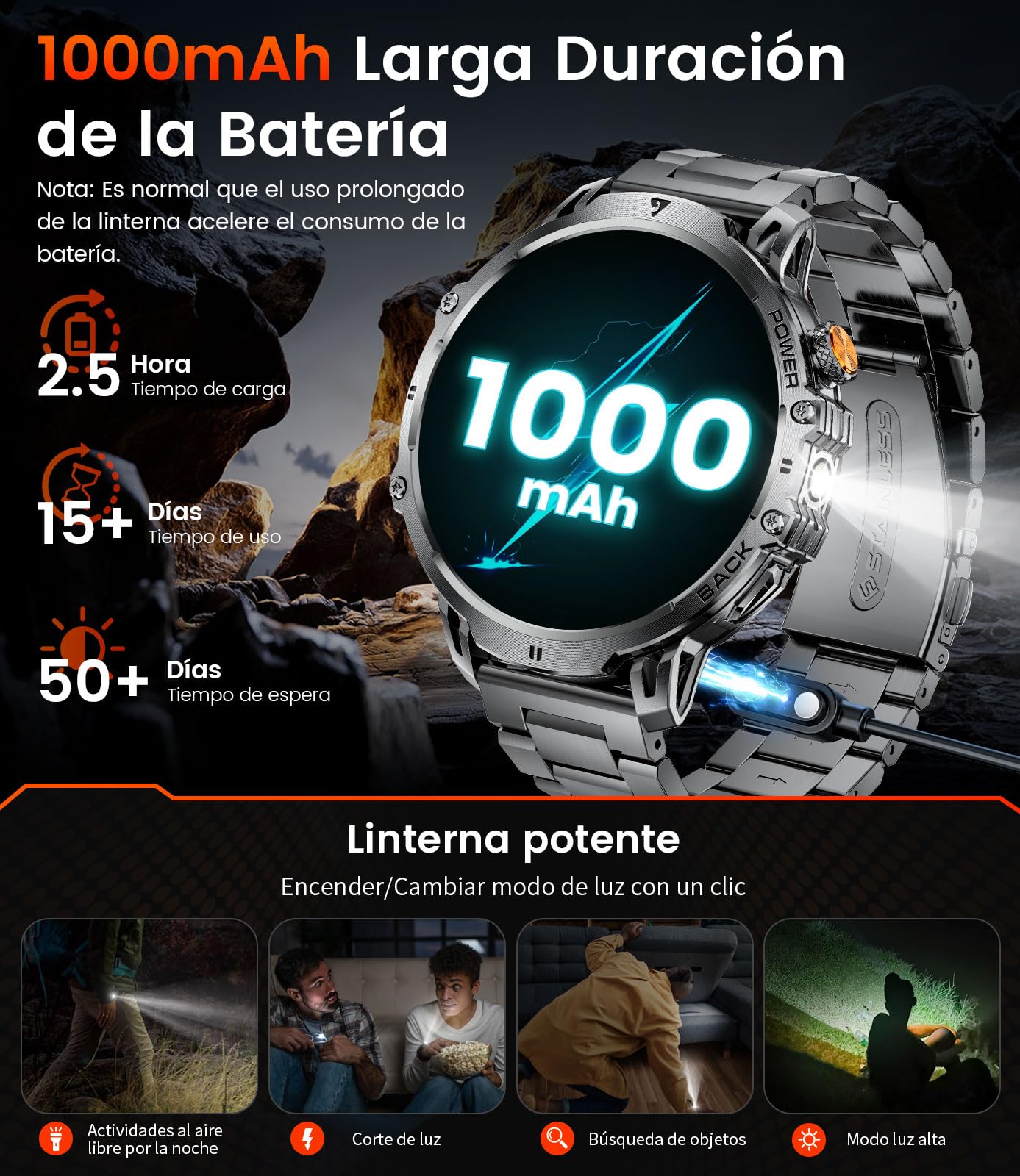 2026 Reloj Inteligente Hombre Militar-1000 mAh/1.85'' HD Pantalla,IP68 Impermeable Smartwatch con Lámp LED,130+ Modos Deportivos,Reloj de Fitness con Monitor de Frecuencia Cardíaca/Sueño,iOS Android