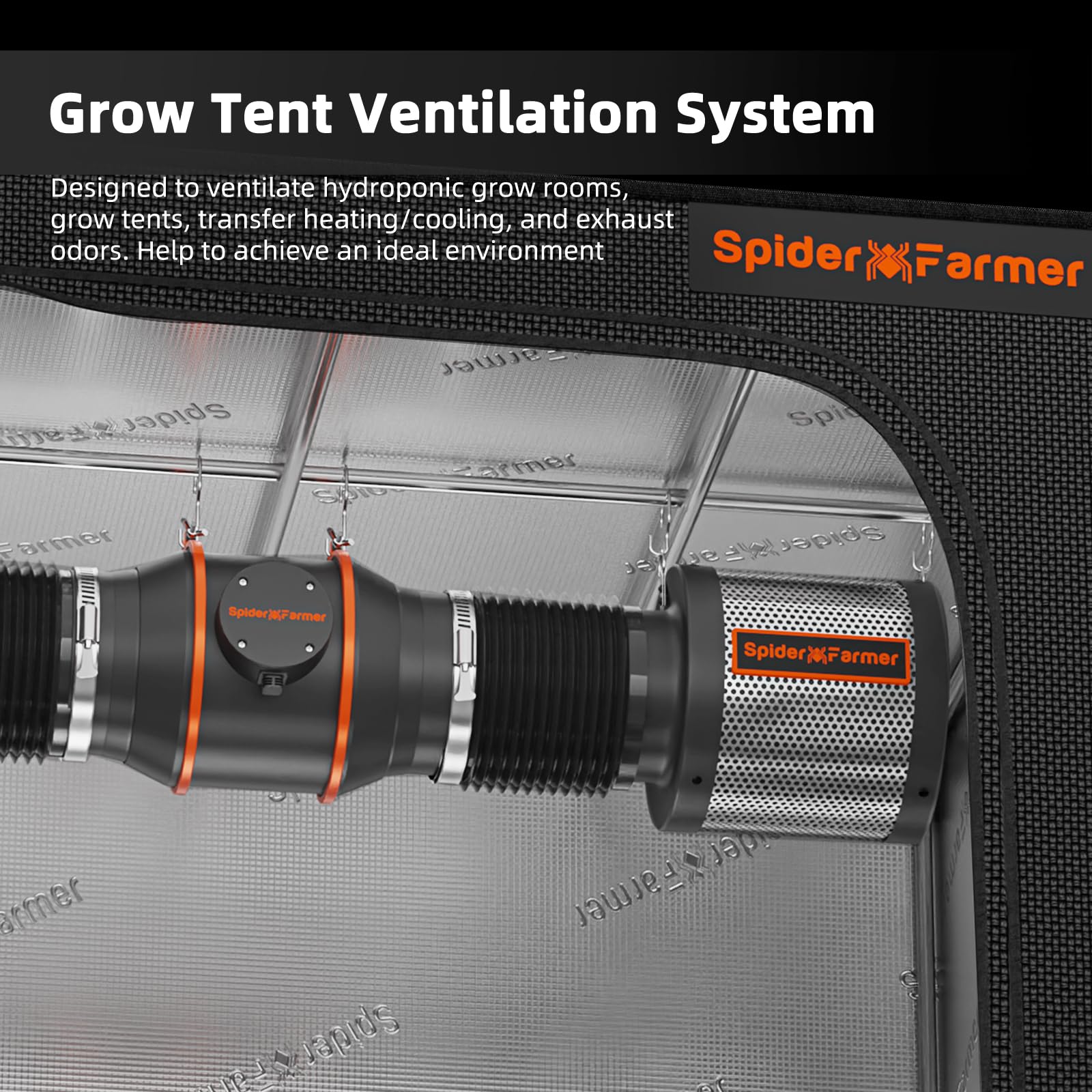 SPIDER FARMER Kit de Filtración Aire 150mm/6 Inch con Ventilador Tubular, Filtro Carbón Activo, Regulador RJ12 Velocidad/Humedad, Tubo 7.5m, 402 CFM, 62W para Cultivos Indoor, Carpas de Cultivo