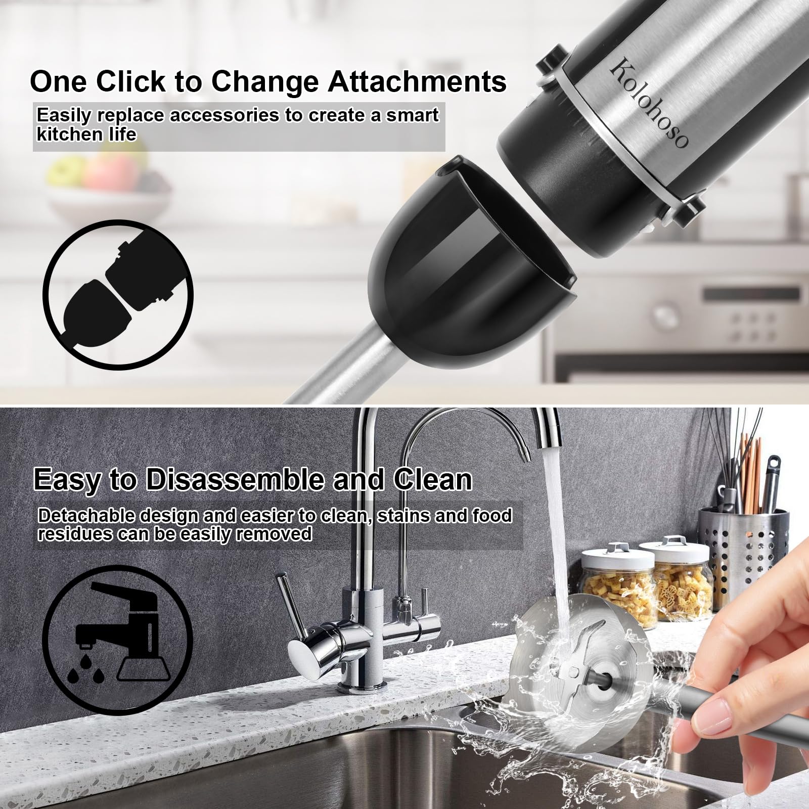 Kolohoso 1500W Frullatore a Immersione, 4 in 1 Minipimer Acciaio Inox, Multifunzione Minipimer Immersione 20 Velocità Regolabili, Frullatore con Frusta, 600ml Misurino un 500ml Tritatutto, senza BPA