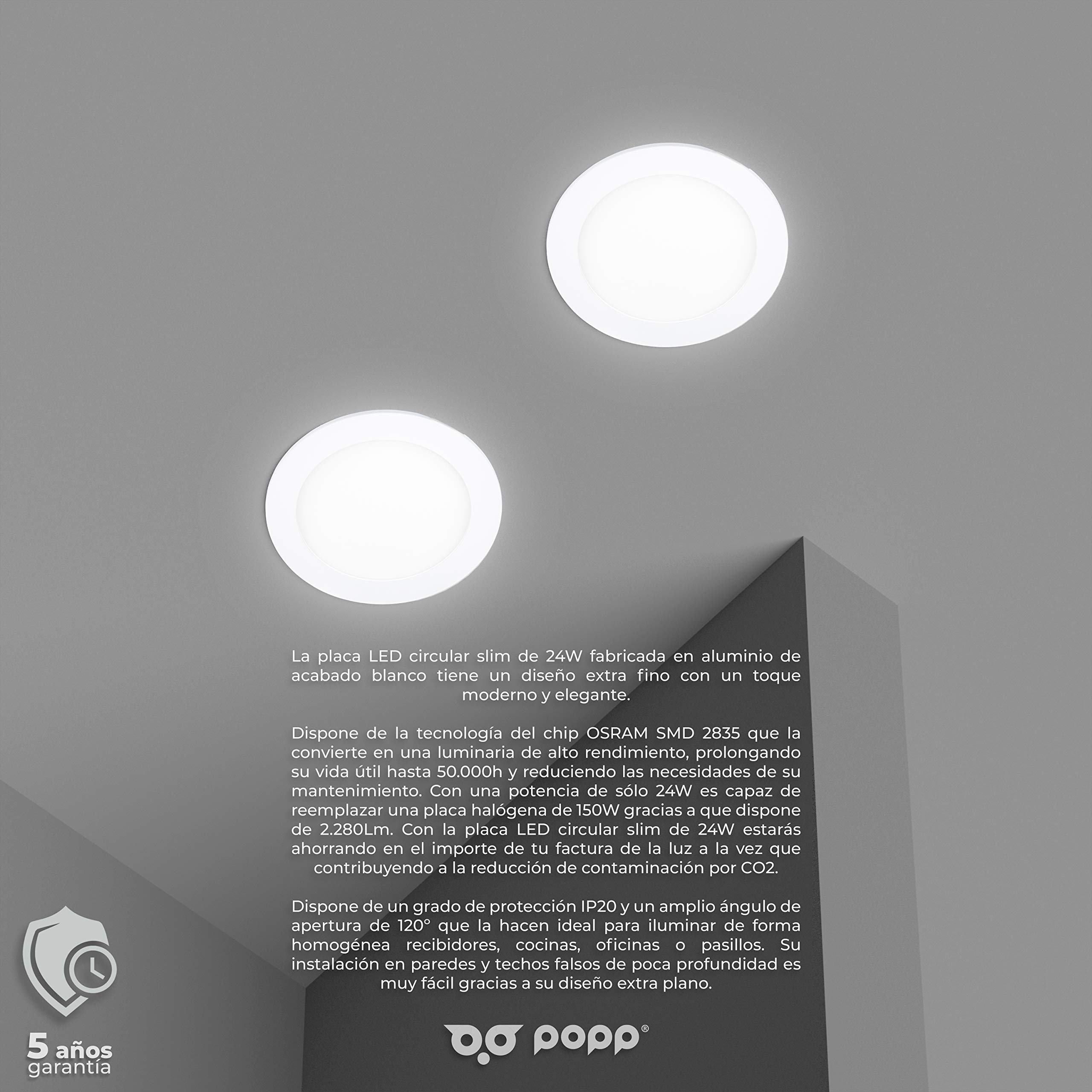 Popp® Pack x2 Downlight Placa LED Redondo Empotrable Circular 24W Blanco Neutro 4000K 2280Lumenes con Corte de Techo Ø280mm, para oficina, salon, cocina, pasillo (24W 4000K)