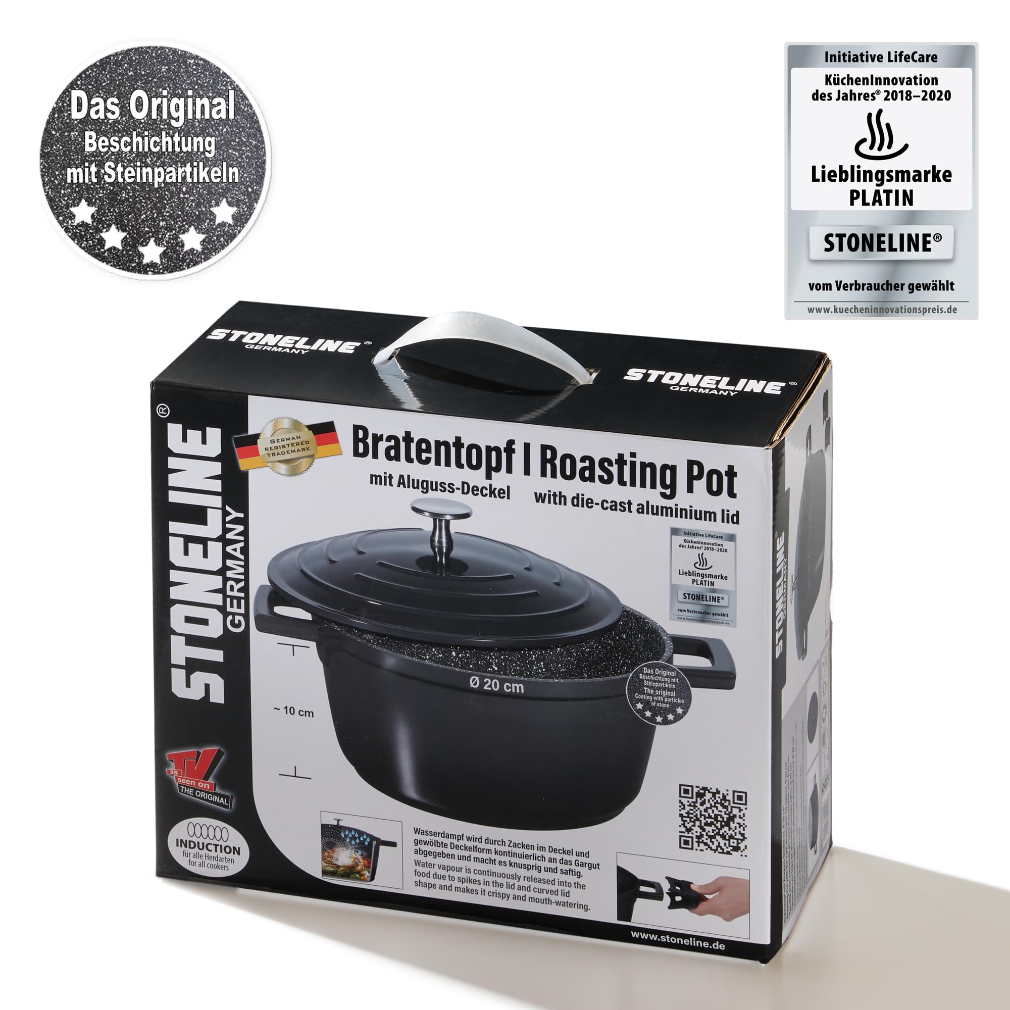 STONELINE Casseruola 20 cm, 2,6 L Rostiera Cocotte con Coperchio, Pentola Alluminio Pressofuso Rivestimento Antiaderente con Vere Particelle di Pietra, A Induzione Forno Tutti i Piani Cottura, Nero