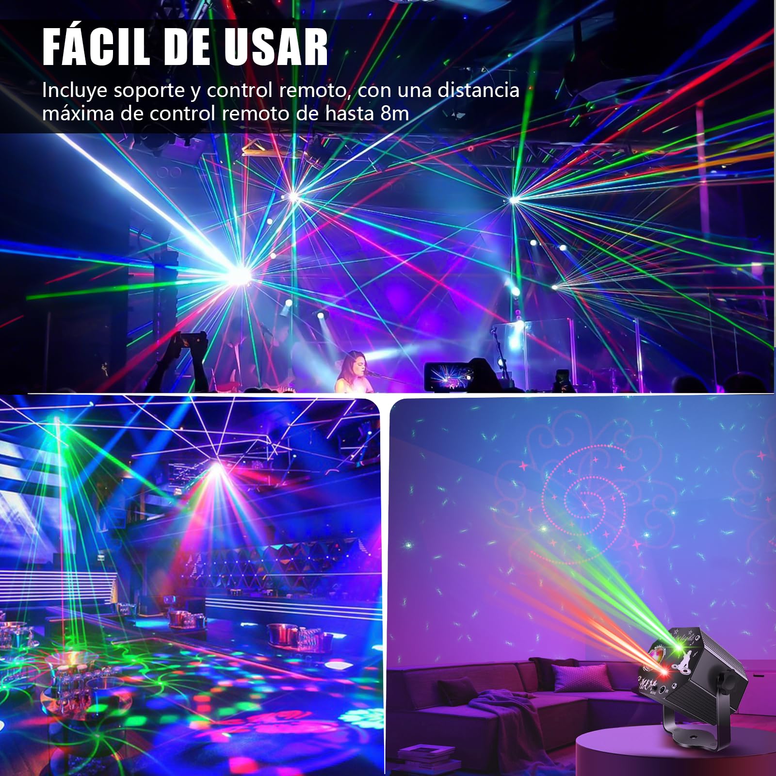 Tomshine 3-en-1 Mini Luz de Fiesta, 72 Patrones, Luz Disco RGB con Control Remoto y Control de Sonido, Estroboscopio RGB, Caja de Aluminio Negro, Ideal para Fiestas, Cumpleaños, Escenarios