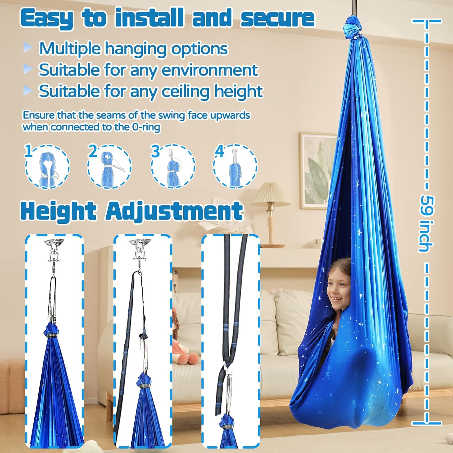 Sensory Swing for Kids Indoor & Outdoor Double Layer Therapy Cuddle Hammock Chair with 360 Swivel Hanger Kit Adjustable Swing for Child and Adult with Aspergers Autism ADHD (Star Blue) 7 81HaXuE8EzL. AC SL1500