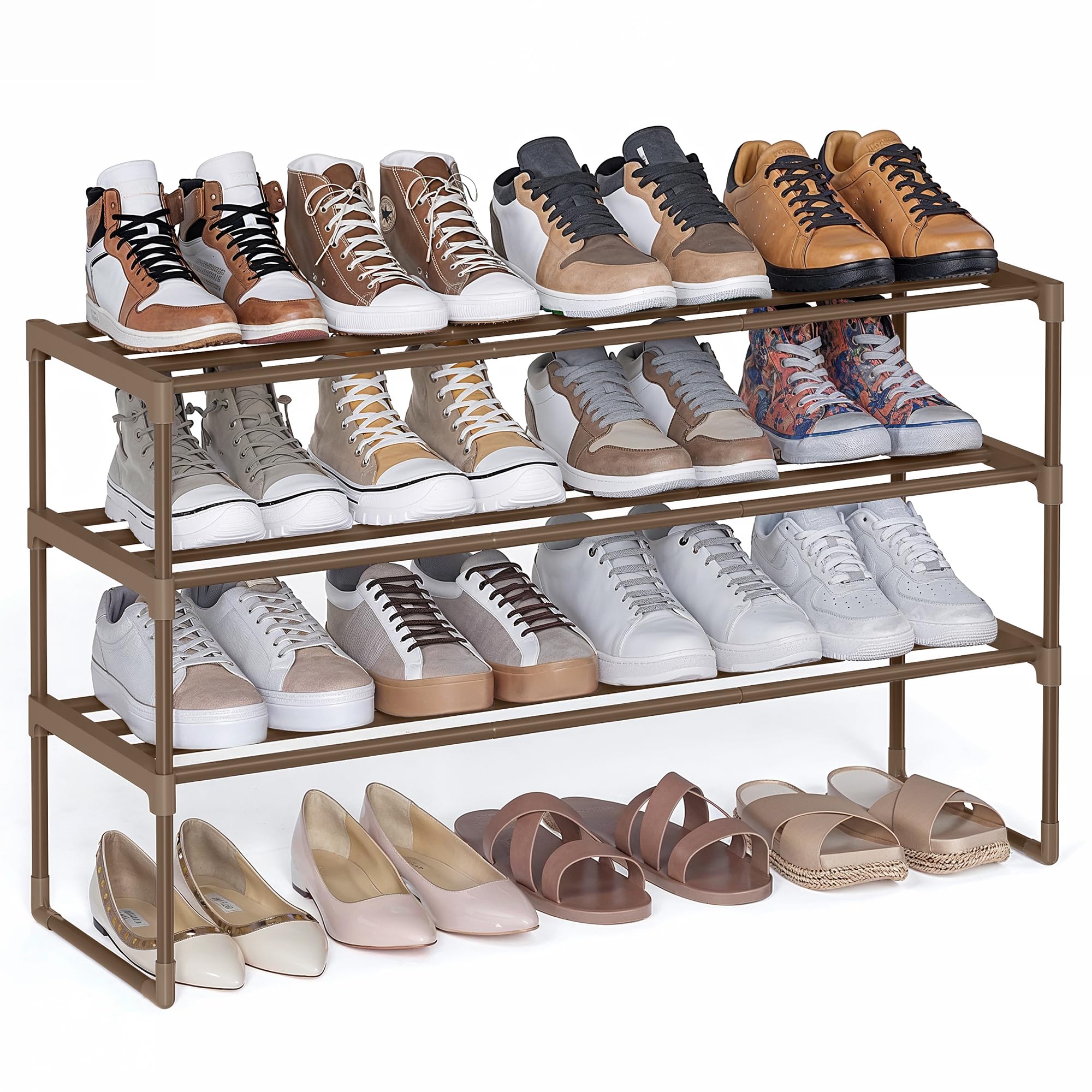 SONGMICS 3-Tier Shoe Rack, Shoe Storage Organiser, Metal Storage Rack, Upright or Upside Down, Fits 16 to 20 Pairs, Stackable, for Hallway, 30 x 92 x 55 cm, Walnut Brown LSA303K01