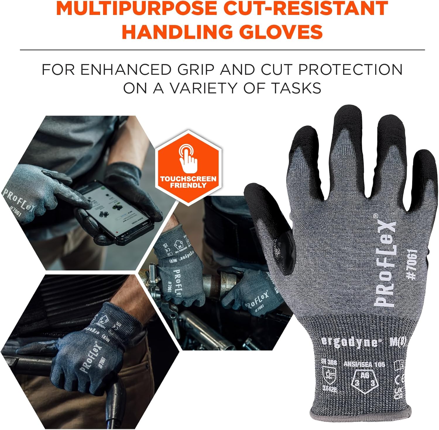 Ergodyne ProFlex 7061 Cut Resistant Gloves, ANSI/ISEA 105-2016 A6, PU Coated Palm, 21g, Touchscreen Capable