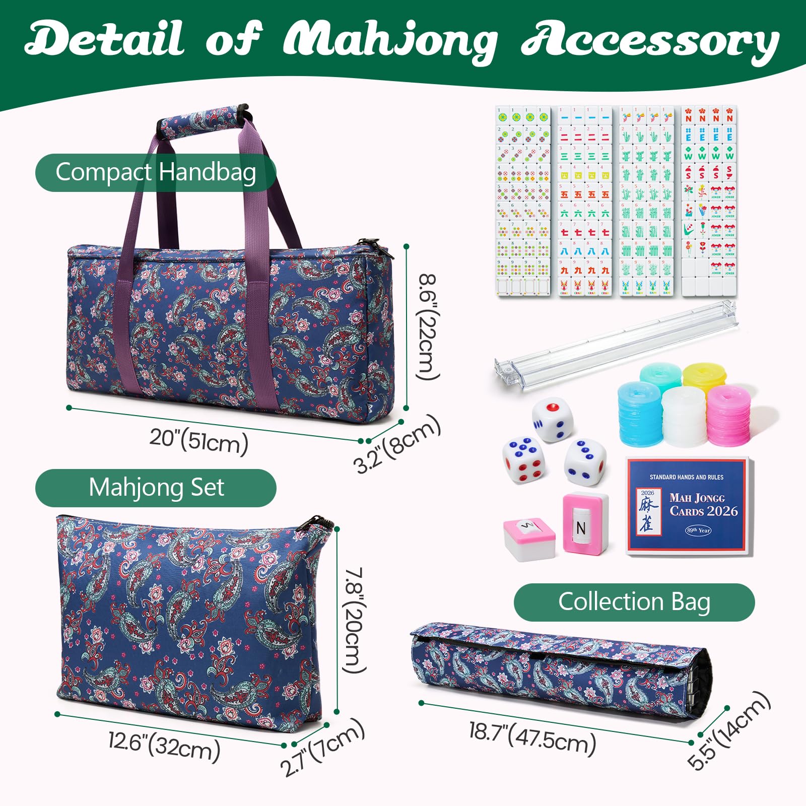Set di piastrelle Mahjong americano (4 strati), set Mahjong da 3,2 cm con borsa per il trasporto, 160 piastrelle verdi Mahjong da viaggio, 4 rack all-in-one e accessori, compleanno per donne