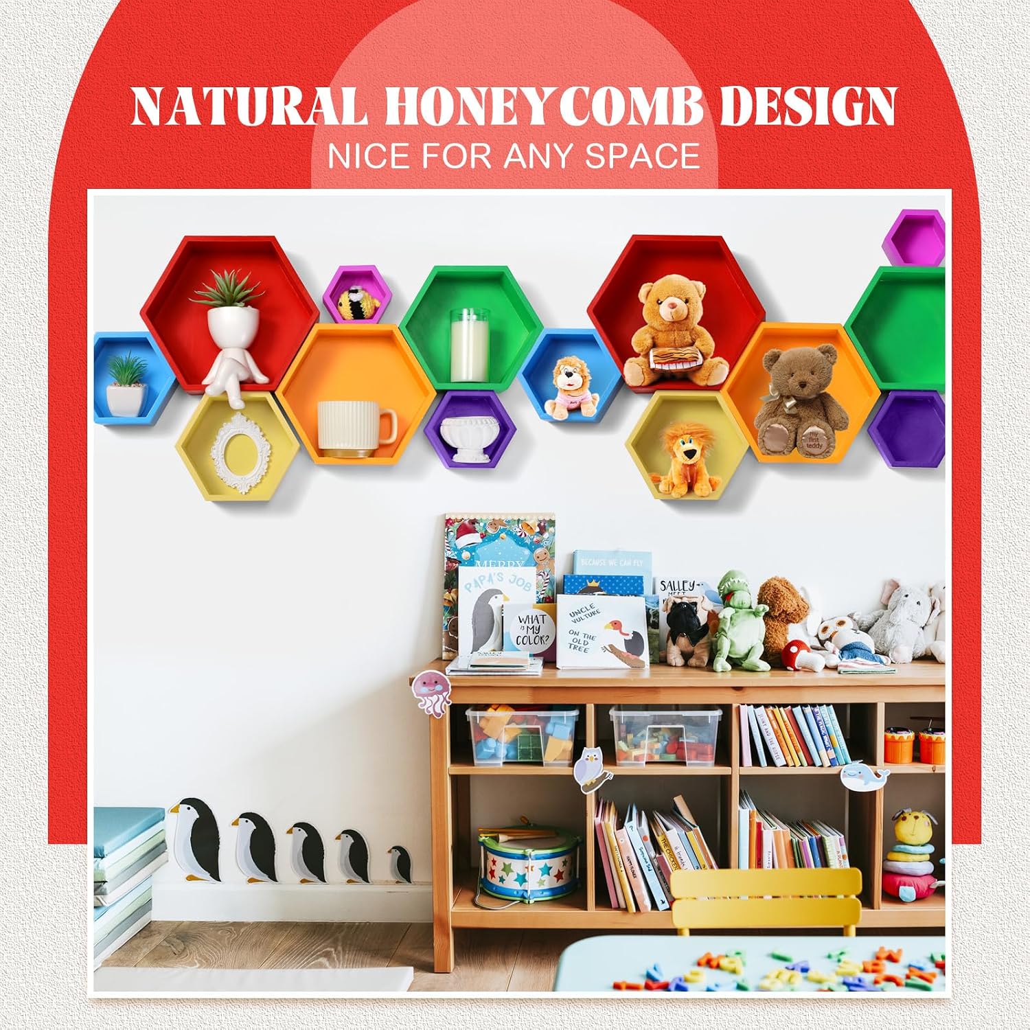 DoubleFill Honeycomb Shelves for Wall Set of 7 Wooden Hexagon Floating Shelves Decor Octagon Wall Mounted Storage Bookshelf for Living Room Bedroom Office Bee Day Decor(Bright Color) image 5