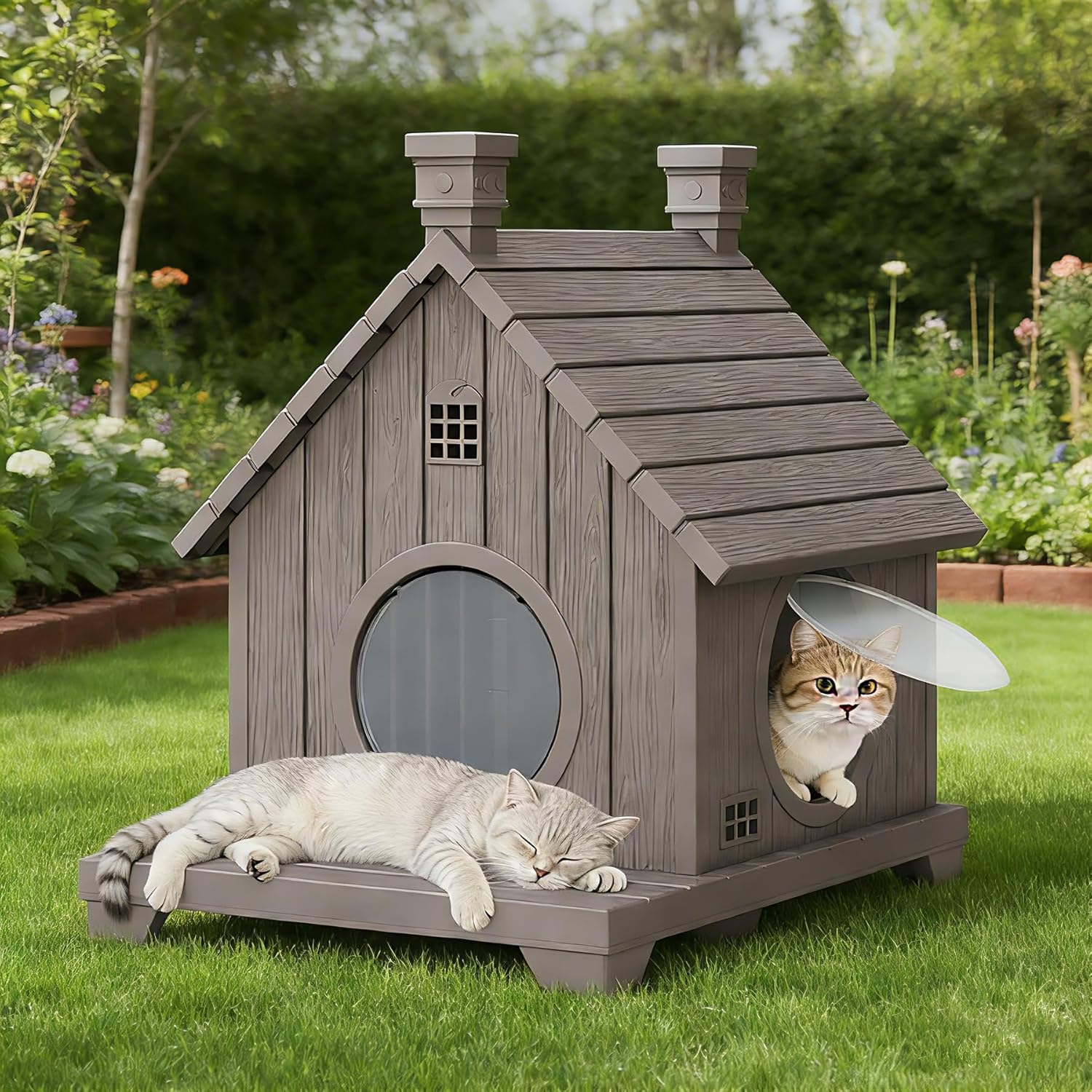 Outdoor Cat House Weatherproof, Durable Resin Cat Houses for Outdoor Indoor Cats, Litter Box Enclosure with Elevated Base, Anti-Slip Pad, Ventilation, Grey