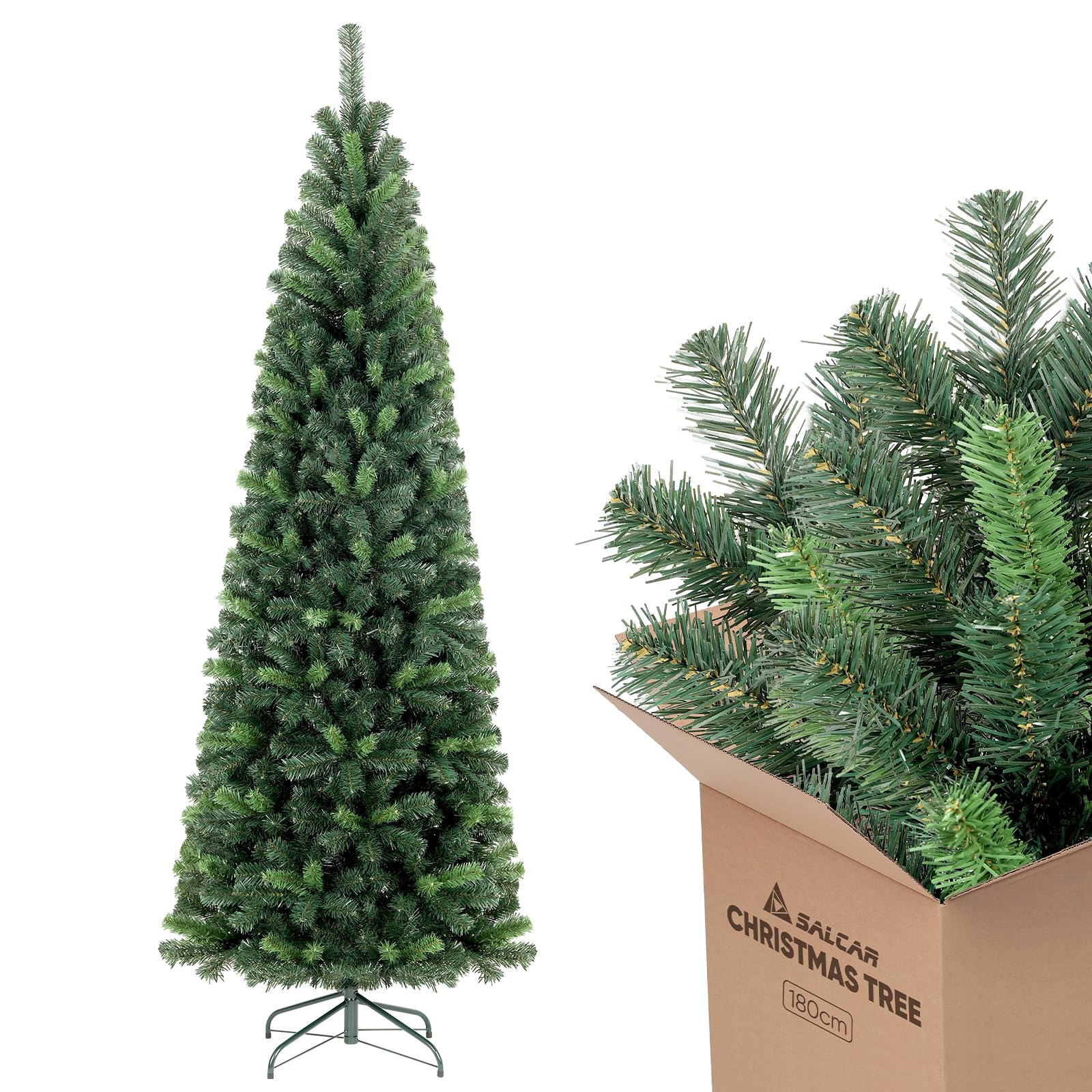 SALCAR Albero di Natale Slim Artificiale 180 cm, Abete di Natale con Guanti e 618 PVC Punte per Rami, Supporto in Metallo, Montaggio Rapido, Ignifugo