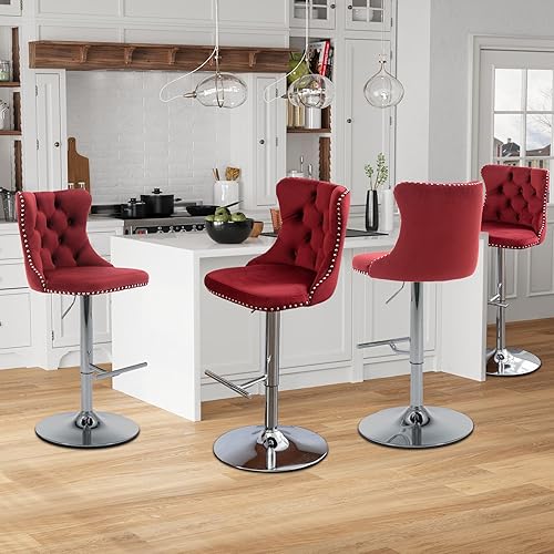 Miniatura 66 de Aoowow Juego de 2 taburetes de bar giratorios ajustables con respaldo de terciopelo copetudo, sillas de bar modernas tapizadas con cabeza de clavo
