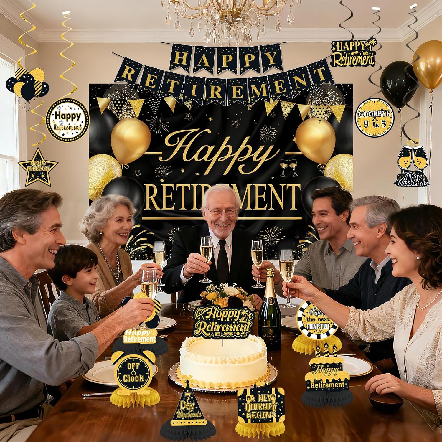 Retirement Party Decorations for Men Women Black Gold Happy Retirement Banner Backdrop Honeycomb Centerpiece Cake Topper Hanging Swirl Set
