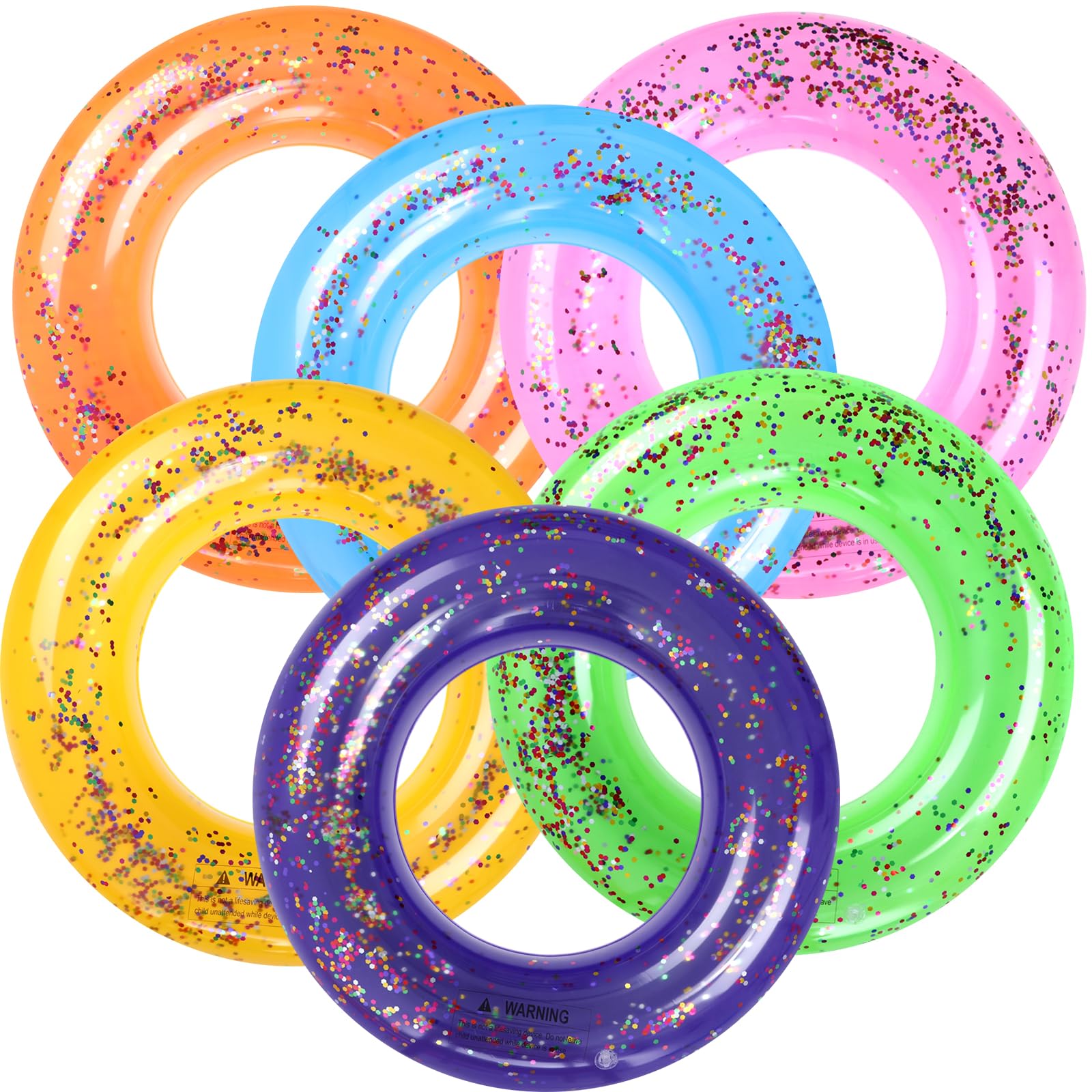 Zhanmai 6 Pcs Inflatable Pool Float Tube Sparkly Confetti Swimming Ring Adults Transparent Multicolor Pool Floats Ring Toys for Summer Swim Beach Ocean Party