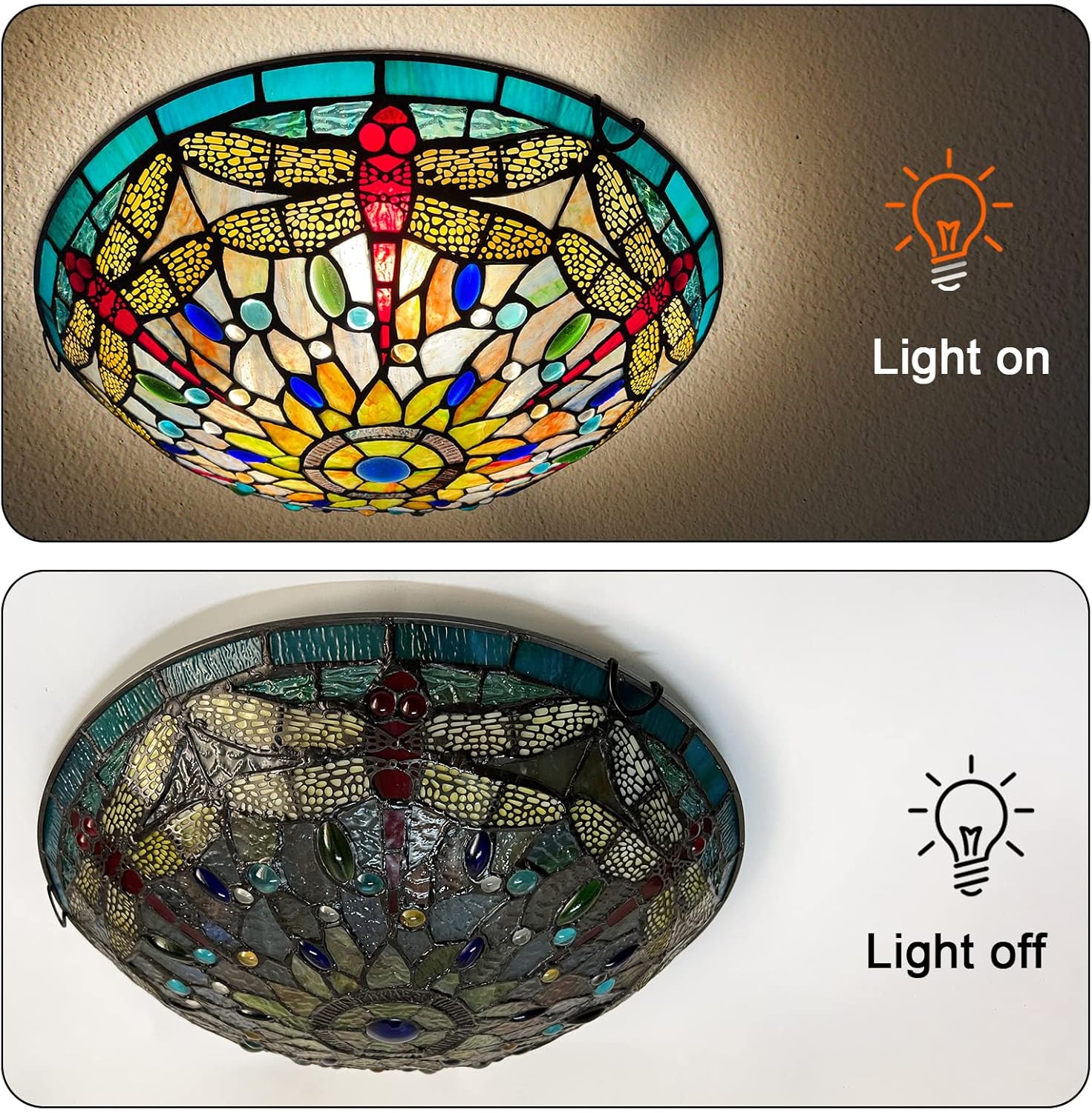 ARTZONE Tiffany Ceiling Lights, Stained Glass Ceiling Light 3-Lights 16 Inch Tiffany Flush Mount Ceiling Light for Bedroom Dining Living Room Entryway Foyer