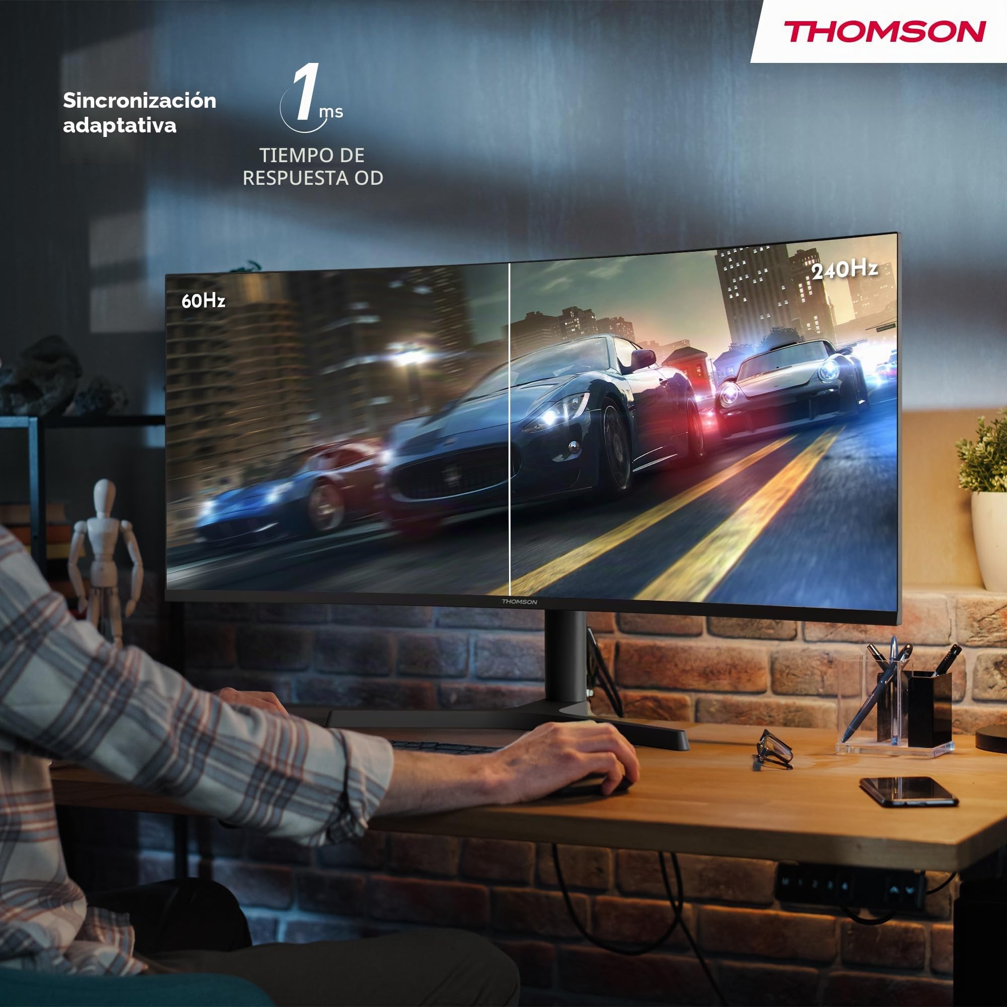 THOMSON Gaming Monitor 34 Pulgadas UWQHD Monitor, 240Hz VA EyeCare Display, 1ms, Adaptive Sync, Speaker, HDR10, HDMI&DP, M34QG7Y14C