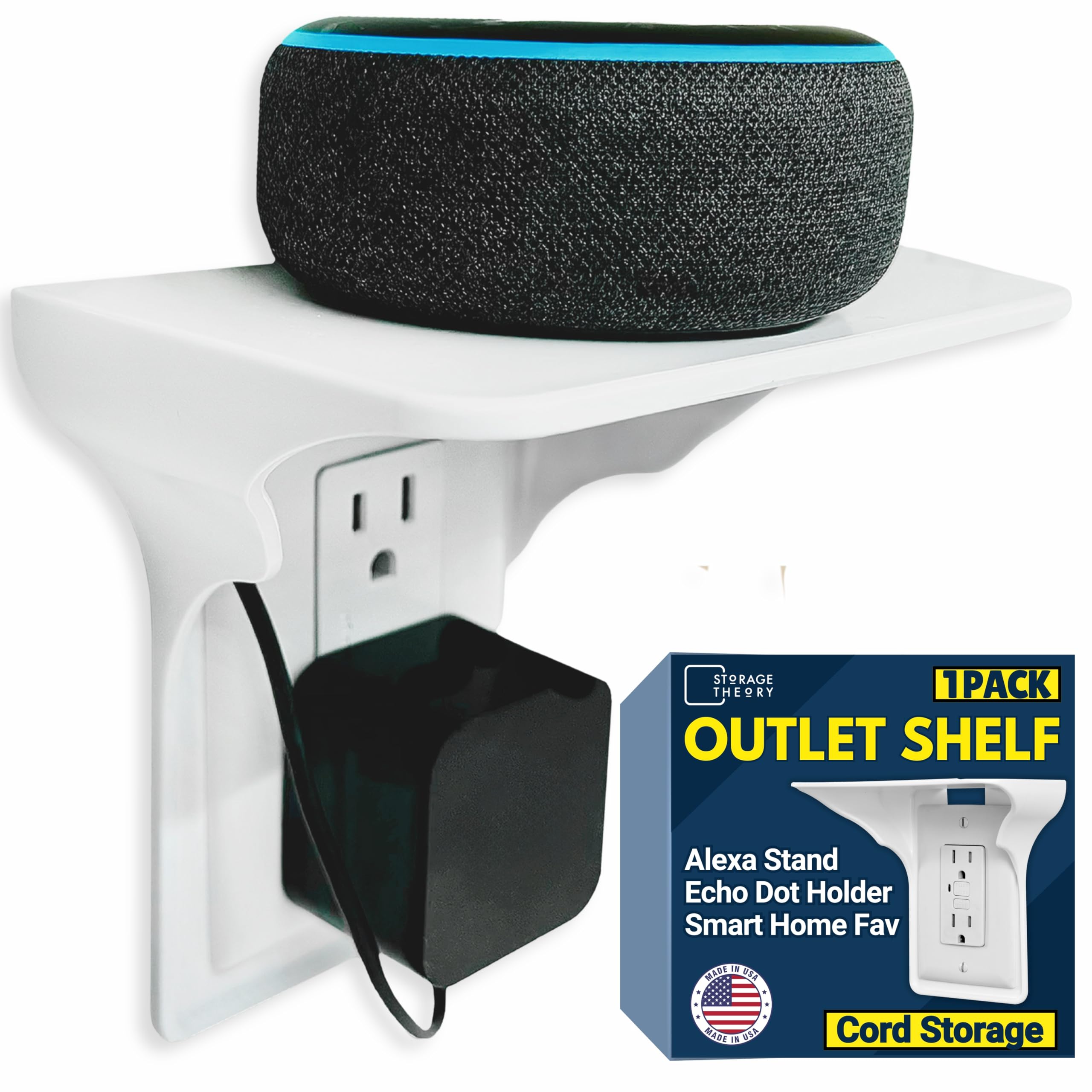BeraTek Power Perch Wall Outlet Shelf with Cord Storage Strap - Declutter & Reclaim Counter Space - Phone Charging Shelf, Echo Alexa Stand, Apple HomePod Mini Wall Mount - White, 1-Pack