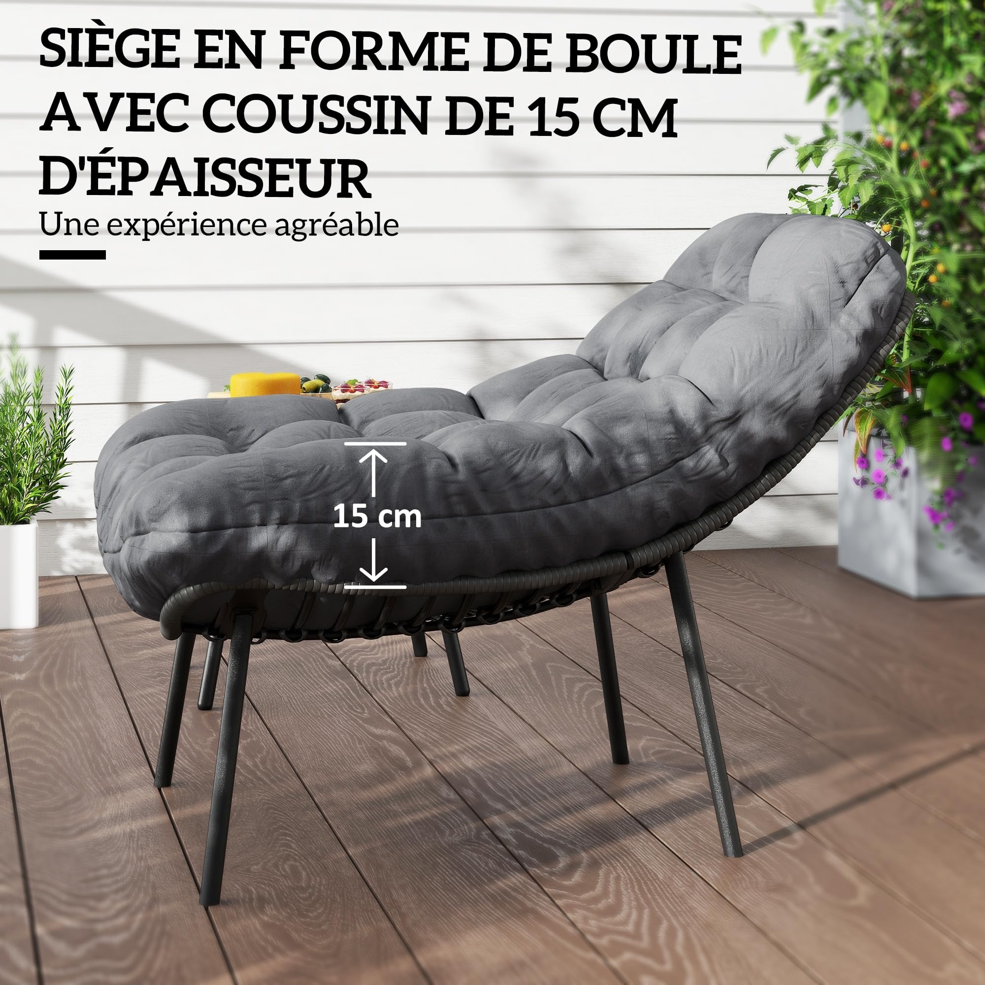 Outsunny Salon de Jardin Extérieur 2 Personnes en Résine Tressée Acier Gris